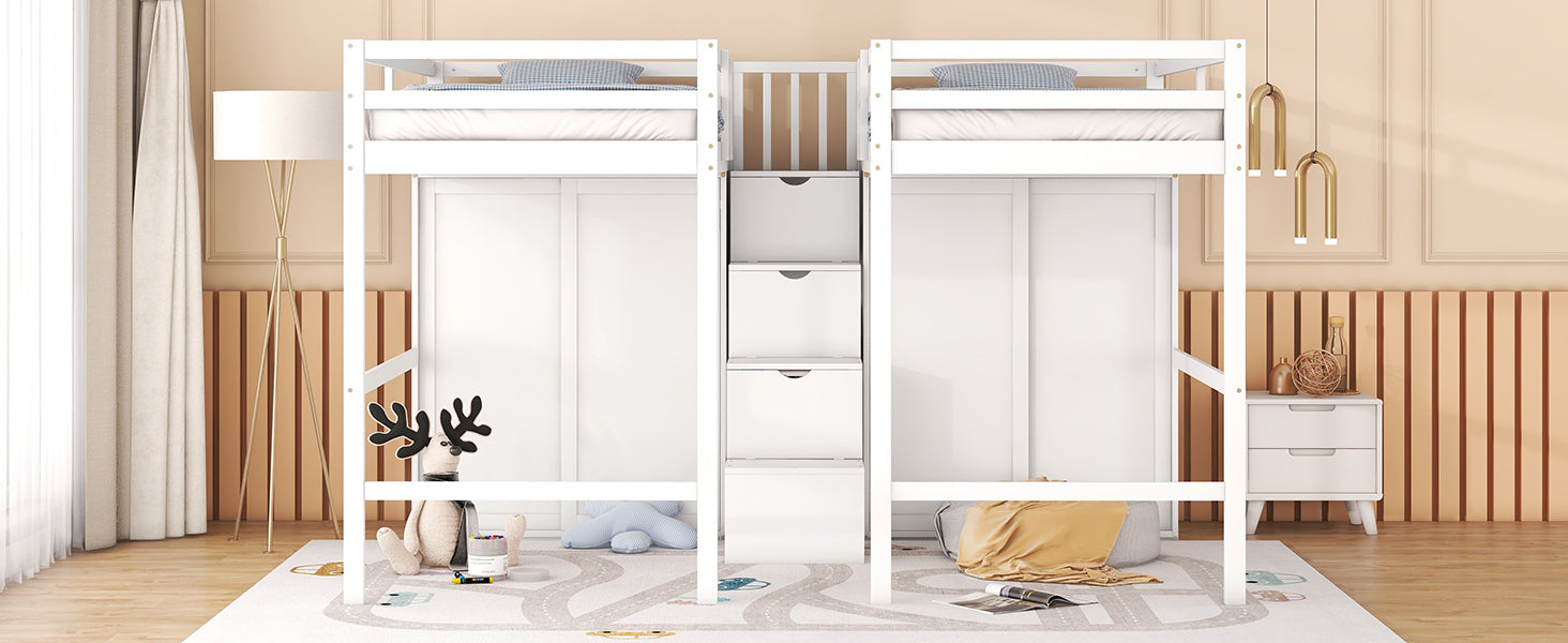 Double Twin Loft Beds With Wardrobes And Staircase, White White Solid Wood Mdf