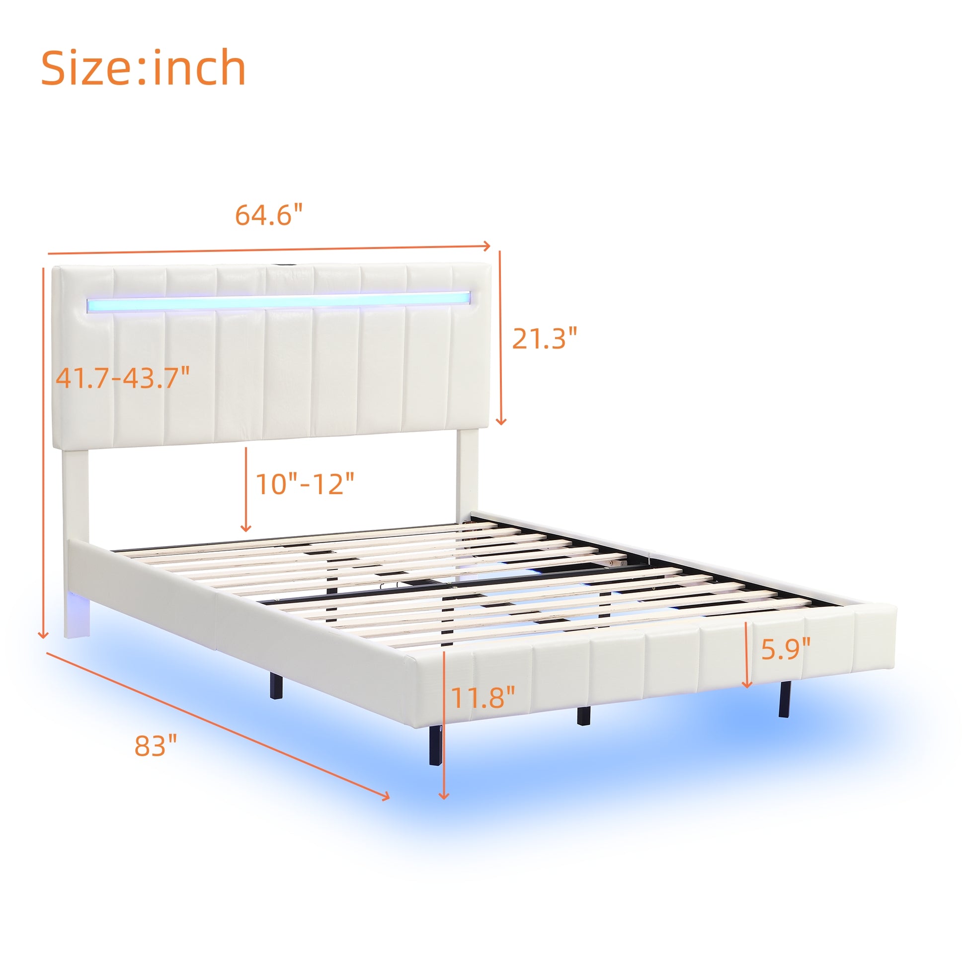 Queen Size Floating Bed Frame With Led Lights And Usb Charging,Modern Upholstered Platform Led Bed Frame, White White Pu