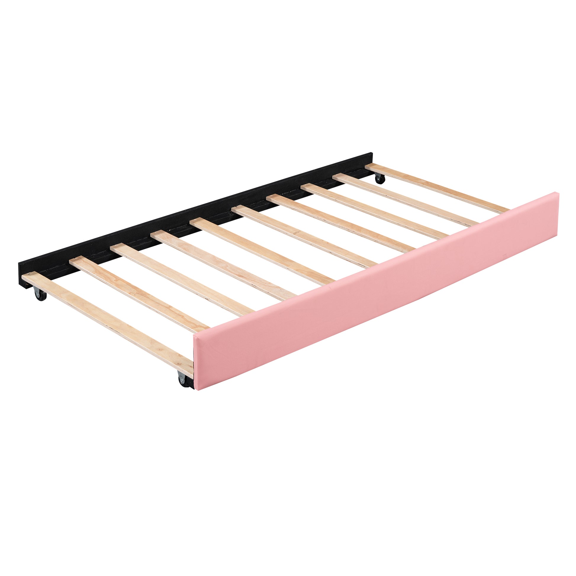 Twin Size Pu Upholstered Tufted Daybed With Trundle And Cloud Shaped Guardrail, Pink Box Spring Not Required Twin Pink Wood Faux Leather Upholstered