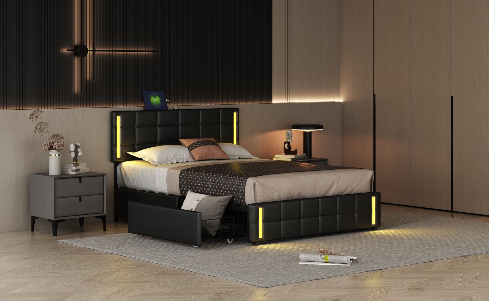 Queen Size Upholstered Platform Bed With Led Lights And Usb Charging, Storage Bed With 4 Drawers, Black Old Sku:Wf302558Aab Black Pu