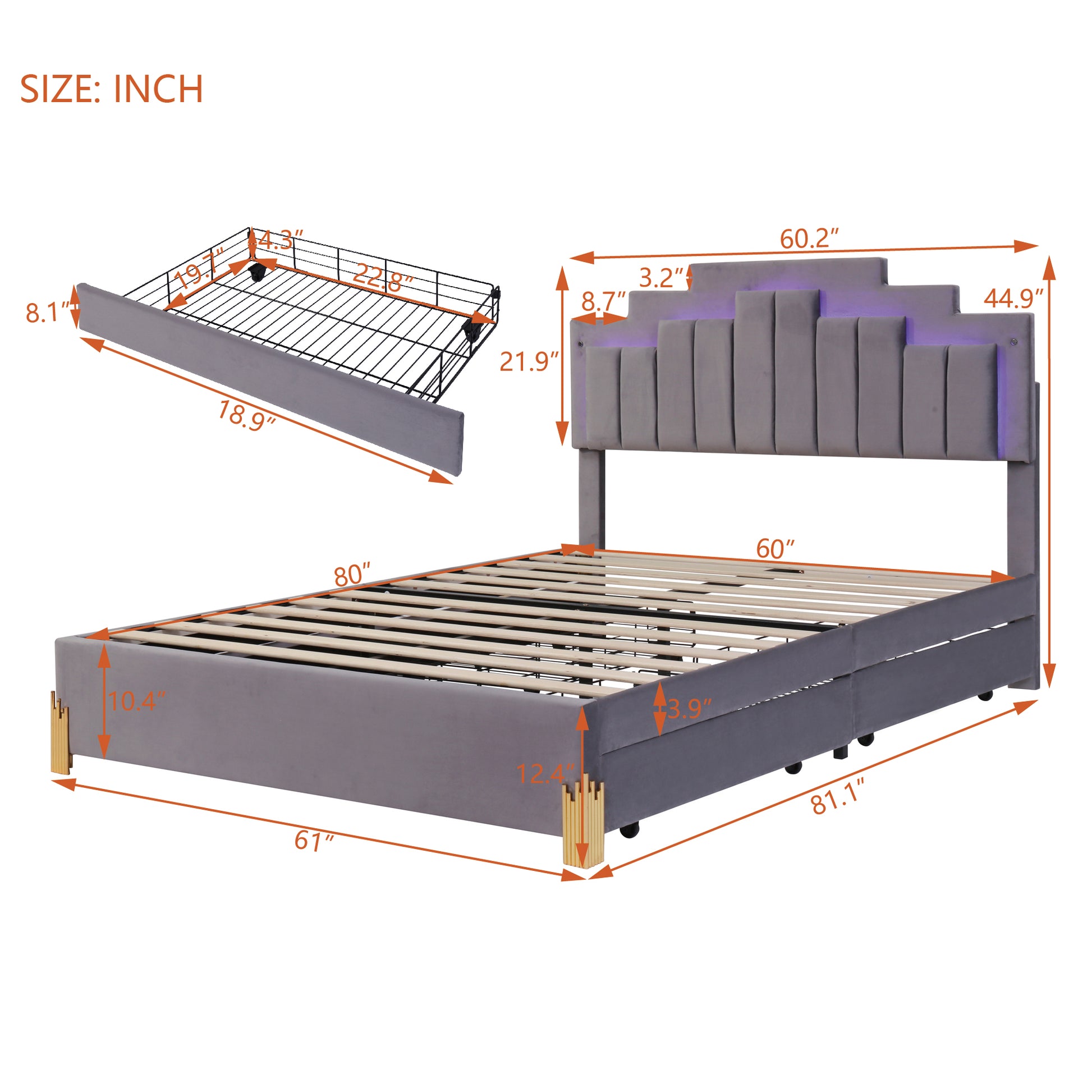 Queen Size Upholstered Platform Bed With Led Lights And 4 Drawers, Stylish Irregular Metal Bed Legs Design, Gray Gray Velvet