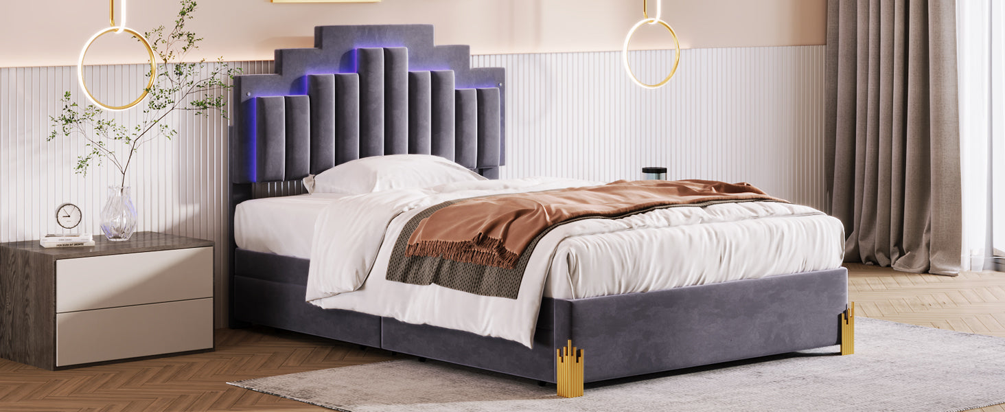 Full Size Upholstered Platform Bed With Led Lights And 4 Drawers, Stylish Irregular Metal Bed Legs Design, Gray Gray Velvet