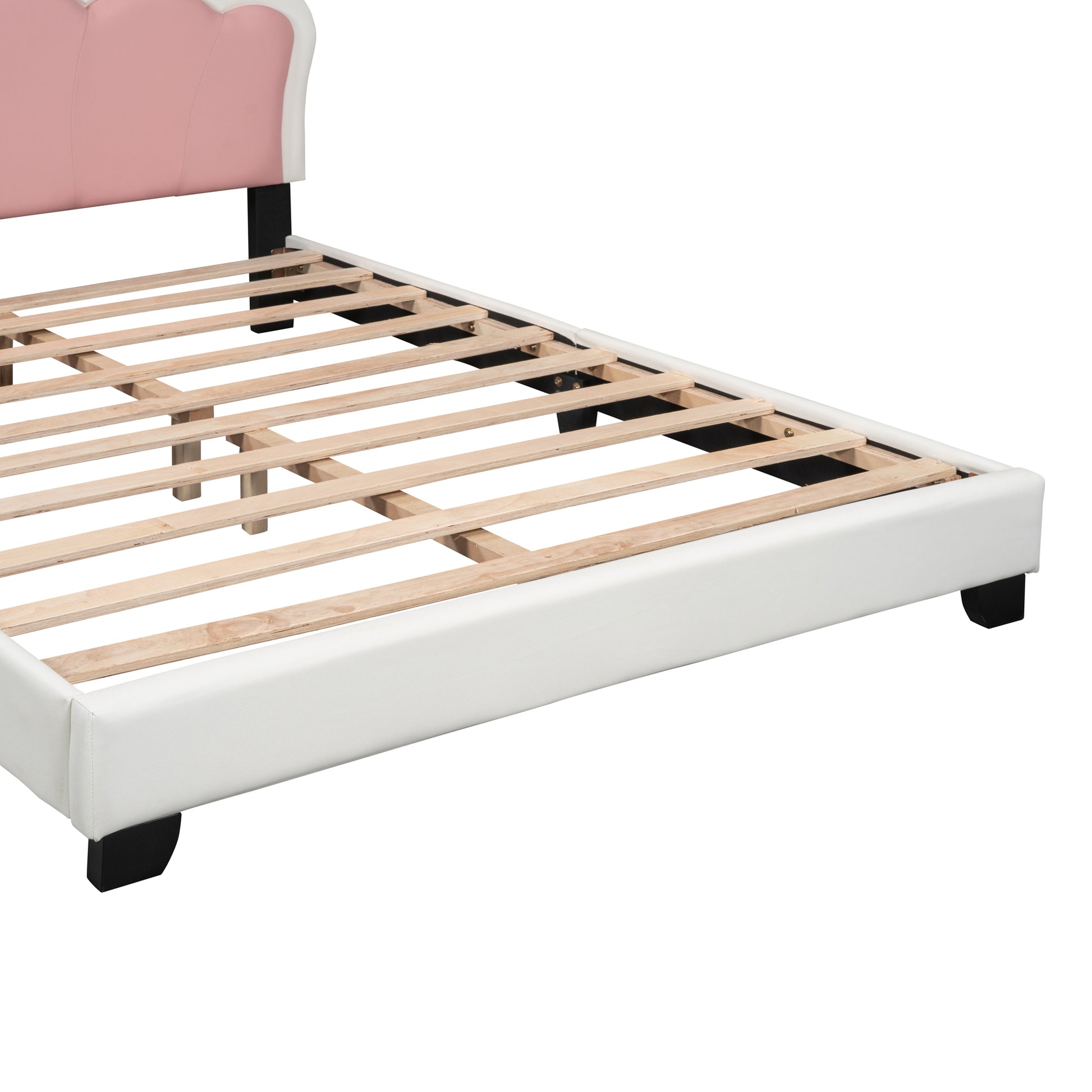 Full Size Upholstered Princess Bed With Crown Headboard,Full Size Platform Bed With Headboard And Footboard, White Pink Full White Pu