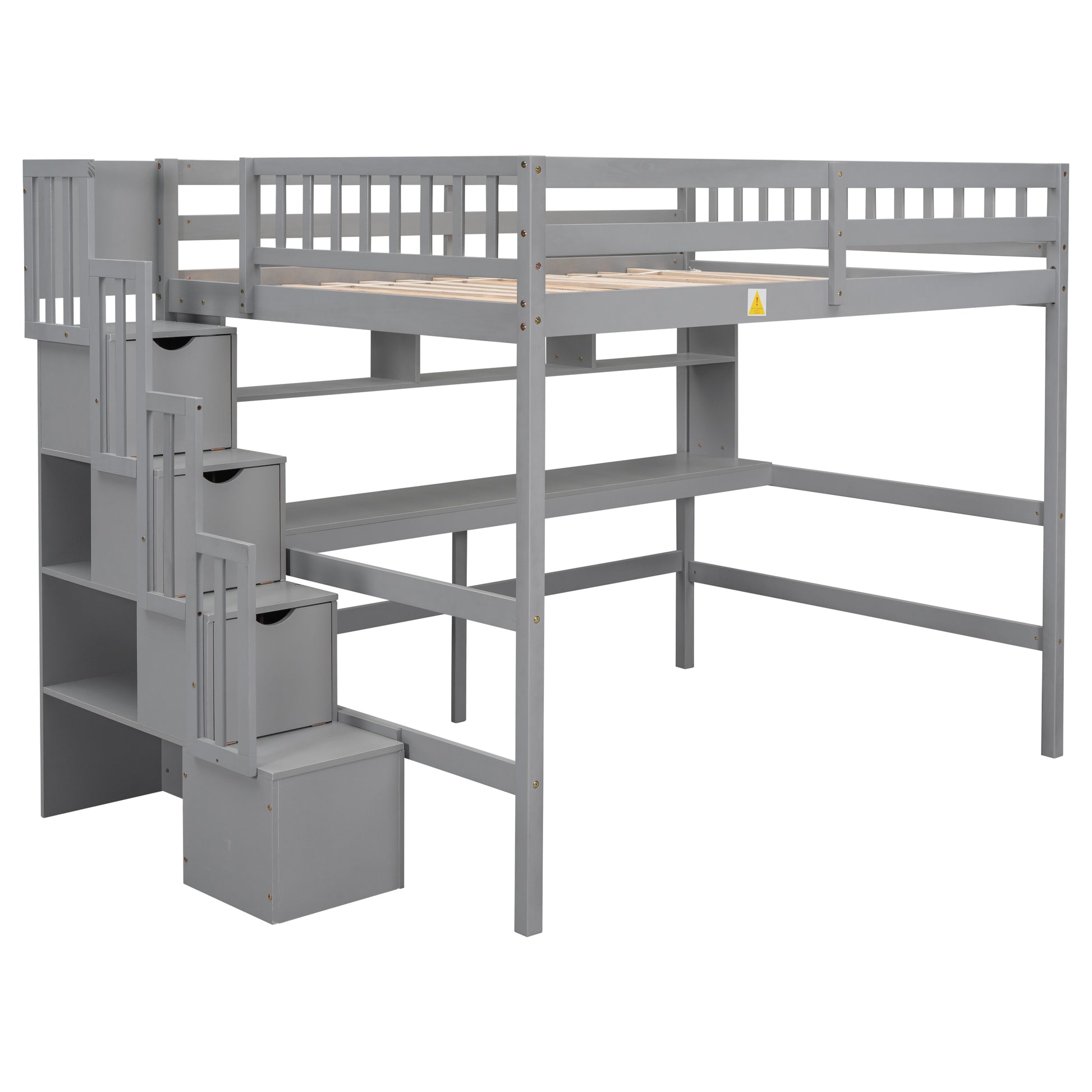 Full Size Loft Bed With Built In Desk, Bookshelves And Storage Staircase,Grey Old Sku:W504S00109 Full Grey Pine