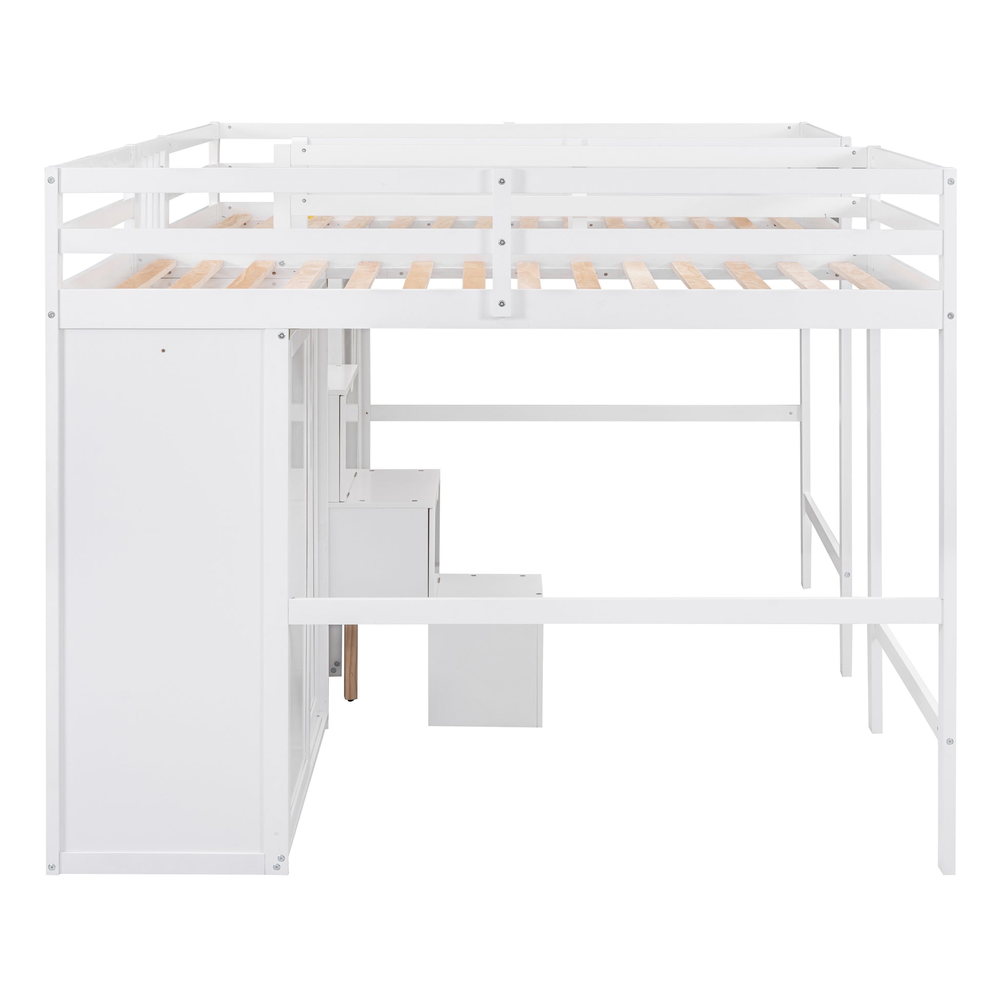 Double Twin Loft Beds With Wardrobes And Staircase, White White Solid Wood Mdf