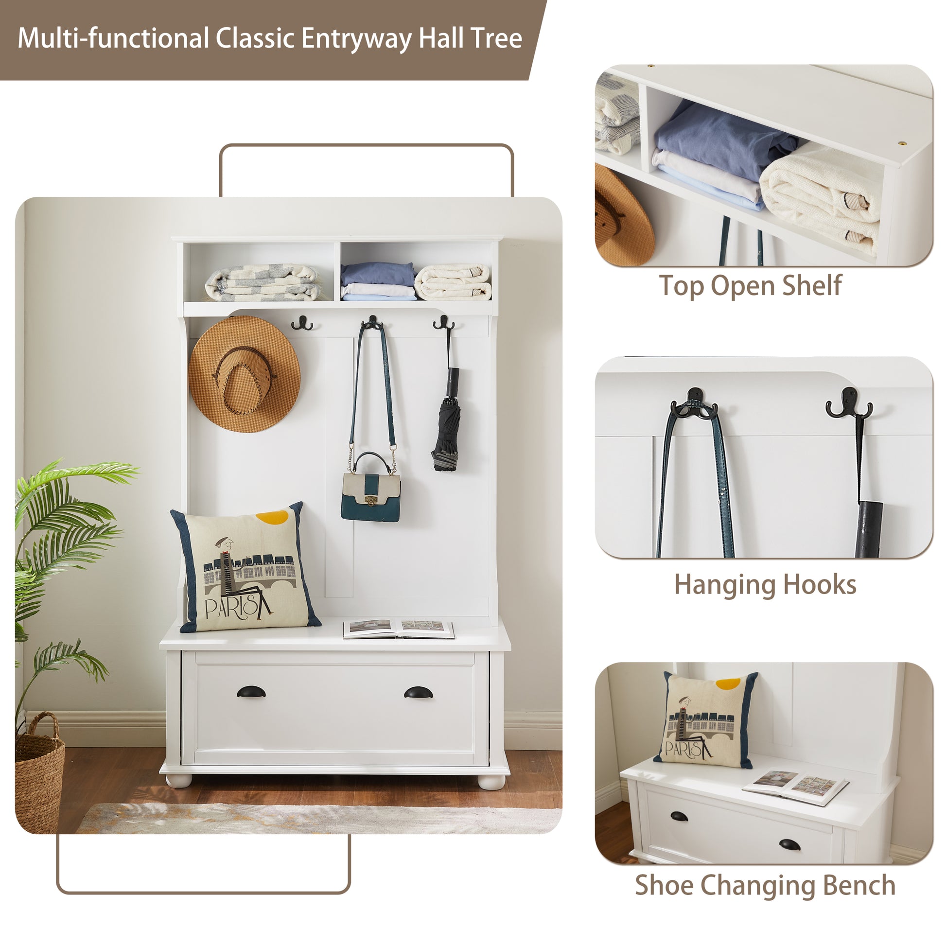 Classic Cosatal Style Hall Tree Entryway Bench With Open Shelves And Shoe Cabinets, Solid Wood Feet, White, 40.16"W*18.58"D*64.17"H White Mdf