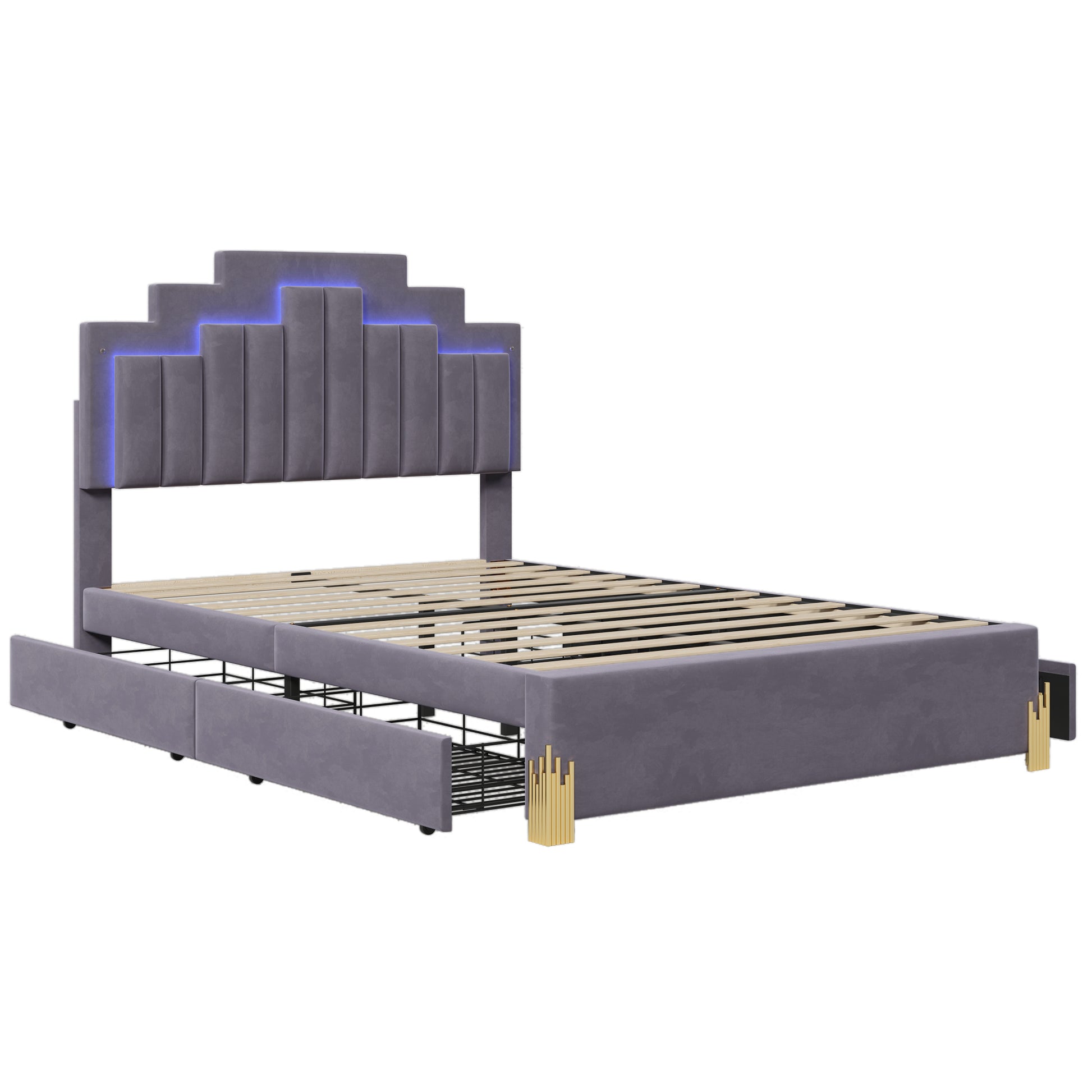 Full Size Upholstered Platform Bed With Led Lights And 4 Drawers, Stylish Irregular Metal Bed Legs Design, Gray Gray Velvet