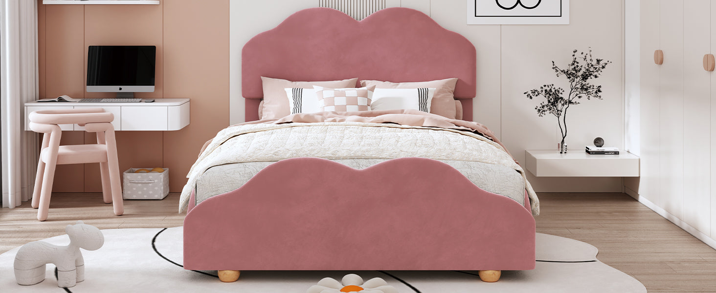 Full Size Upholstered Platform Bed With Cloud Shaped Bed Board, Dark Pink Dark Pink Velvet