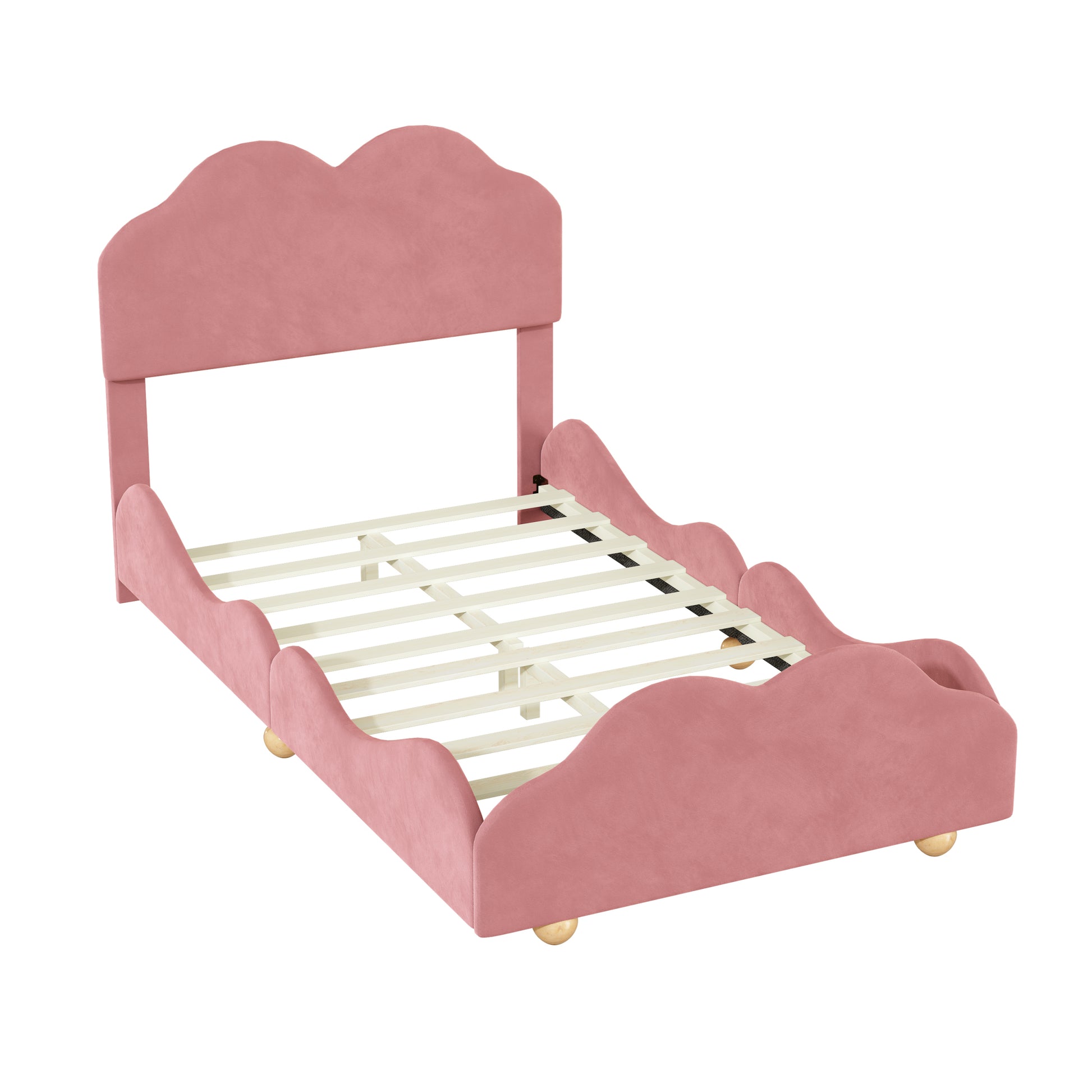 Twin Size Upholstered Platform Bed With Cloud Shaped Bed Board, Dark Pink Dark Pink Velvet