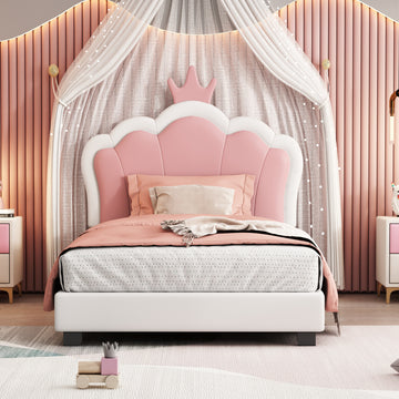 Twin Size Upholstered Princess Bed With Crown Headboard,Twin Size Platform Bed With Headboard And Footboard, White Pink Pink Pu