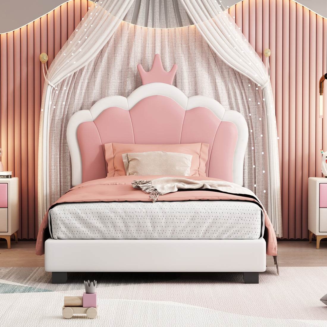 Twin Size Upholstered Princess Bed With Crown Headboard,Twin Size Platform Bed With Headboard And Footboard, White Pink Old Sku:Wf303336Aak Twin White Pu