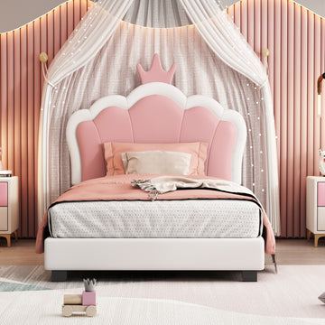 Twin Size Upholstered Princess Bed With Crown Headboard,Twin Size Platform Bed With Headboard And Footboard, White Pink Old Sku:Wf303336Aak Twin White Pu