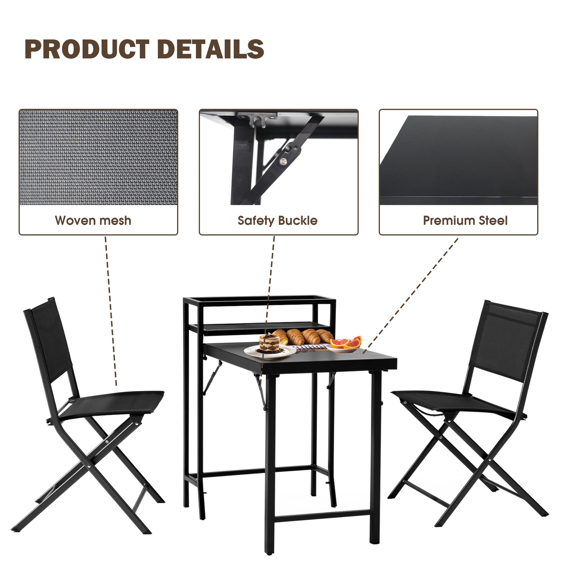 3Pcs Patio Bistro Set, Patio Set Of Foldable Patio Table And Chairs,Outdoor Patio Furniture Sets,Black No Complete Patio Set Black Rust Resistant Frame Garden & Outdoor 2 Person Seating Group Steel Steel