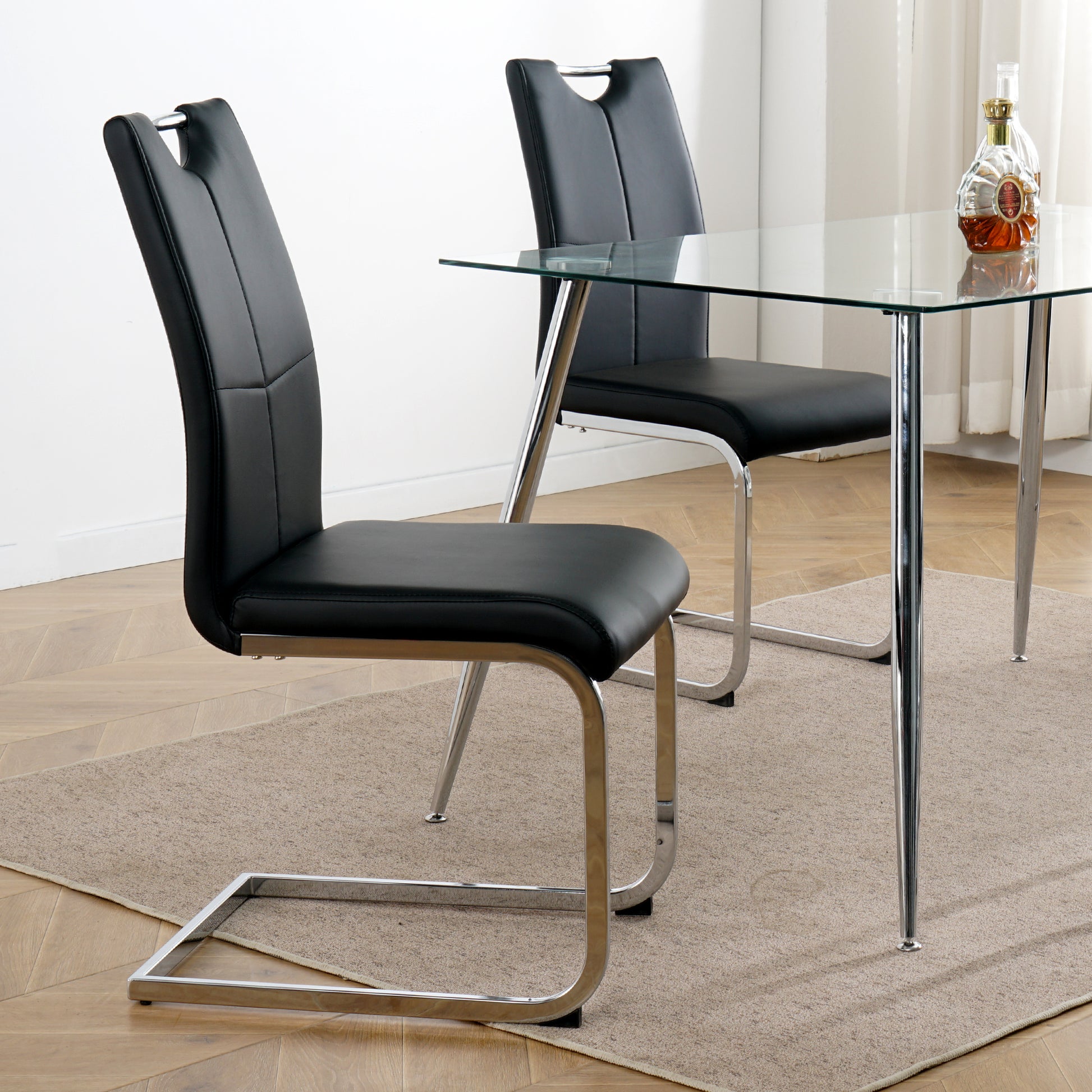 Modern Dining Chairs With Faux Leather Padded Seat Dining Living Room Chairs Upholstered Chair With Chrome Metal Legs Design For Kitchen, Living, Bedroom, Dining Room Side Chairs Set Of 4 Black Silver Metal