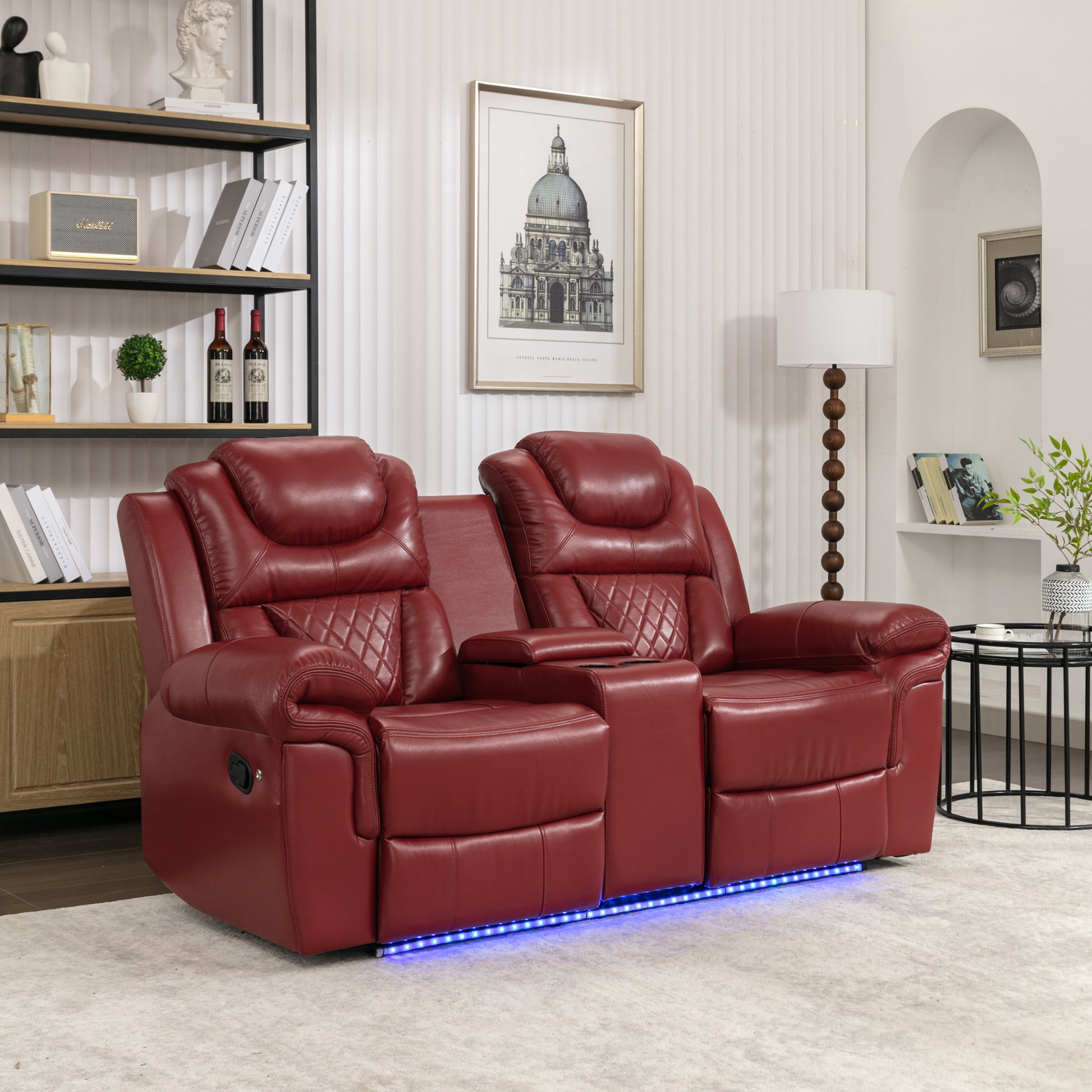 3 Pieces Recliner Sofa Sets Home Theater Seating Manual Recliner Chair With Center Console And Led Light Strip For Living Room, Wine Red Wine Red Foam Faux Leather