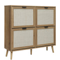 Natural Rattan 4 Door Shoe Rack, Freestanding Modern Shoe Storage Cabinet, For Entryway Walnut Particle Board