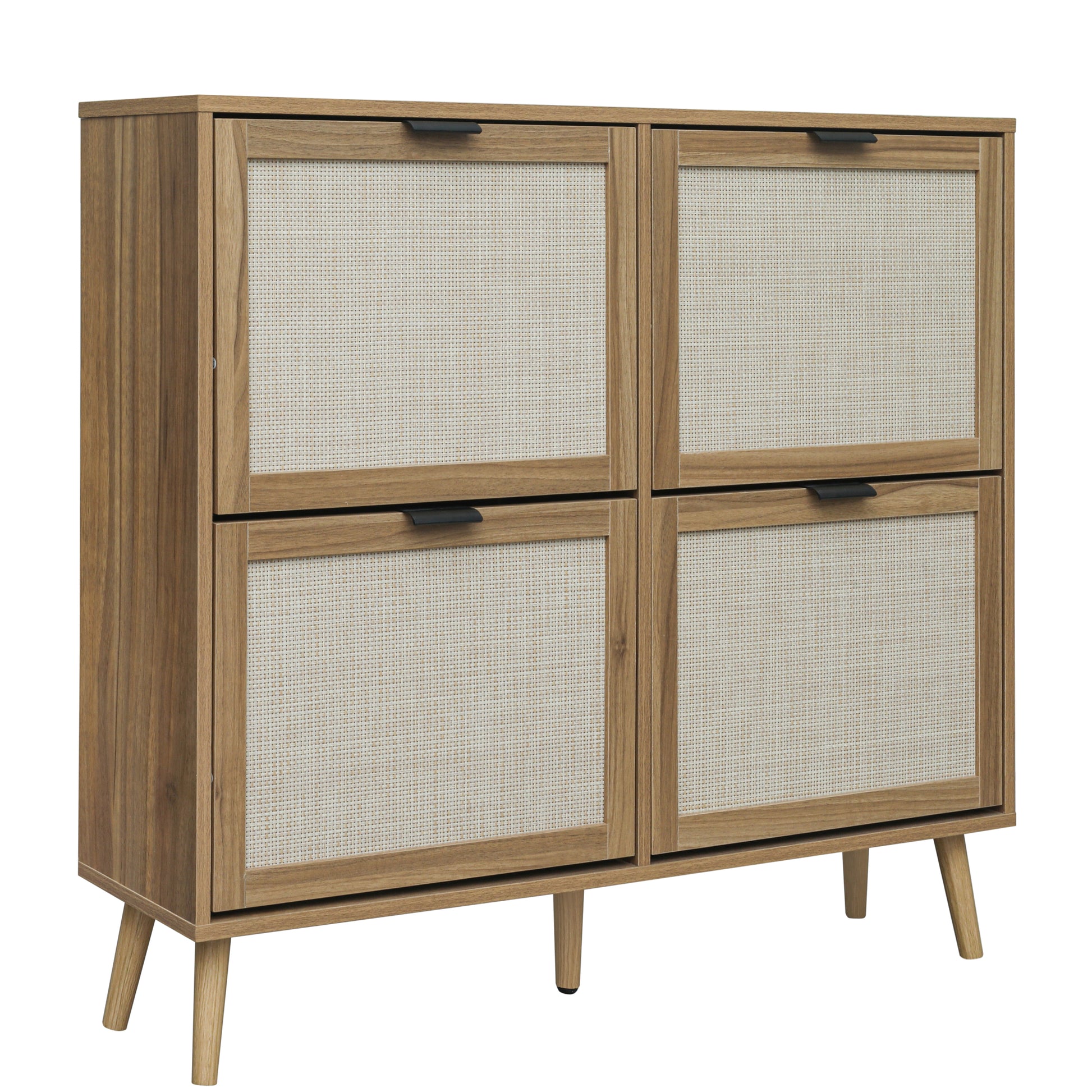 Natural Rattan 4 Door Shoe Rack, Freestanding Modern Shoe Storage Cabinet, For Entryway Walnut Particle Board