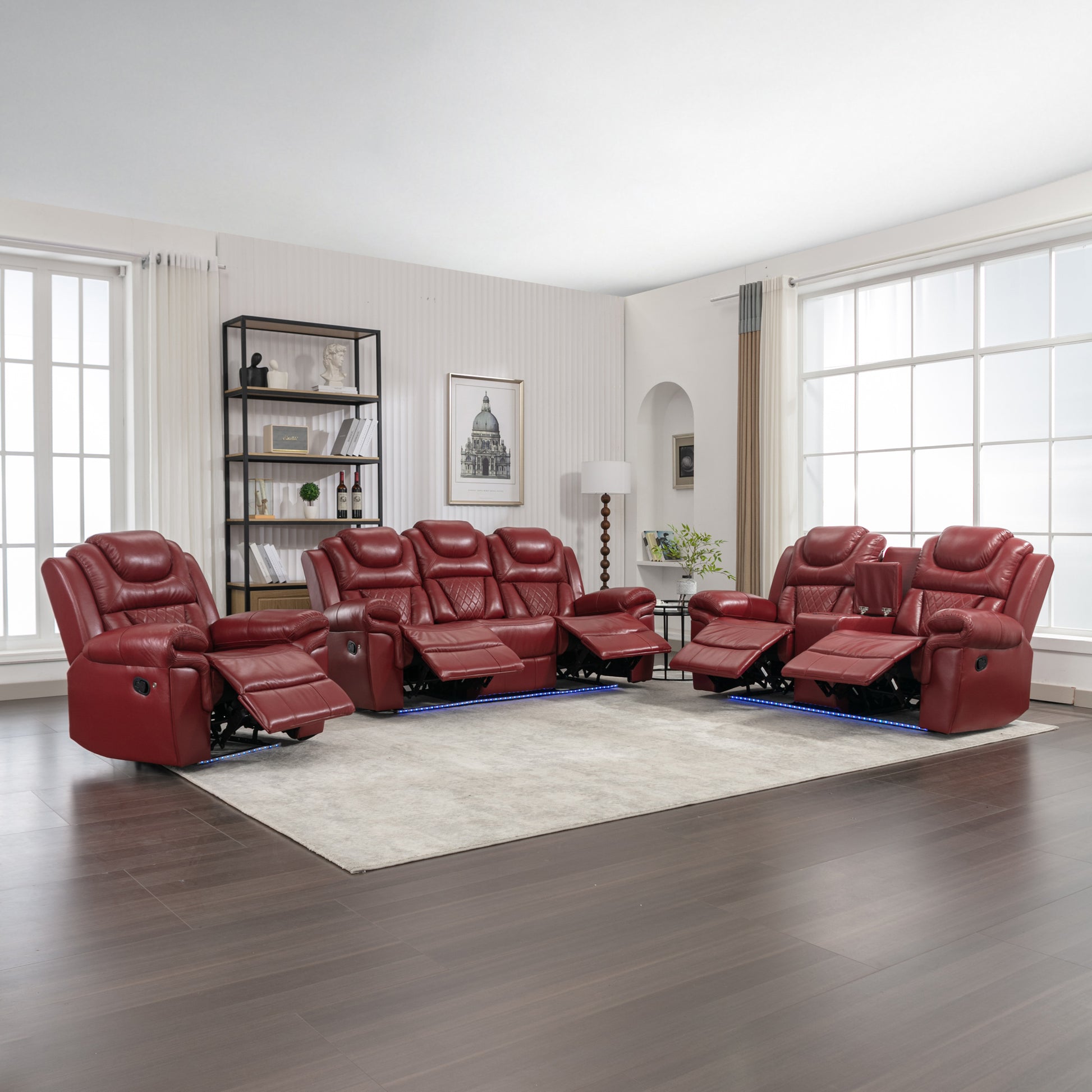 3 Pieces Recliner Sofa Sets Home Theater Seating Manual Recliner Chair With Center Console And Led Light Strip For Living Room, Wine Red Wine Red Foam Faux Leather