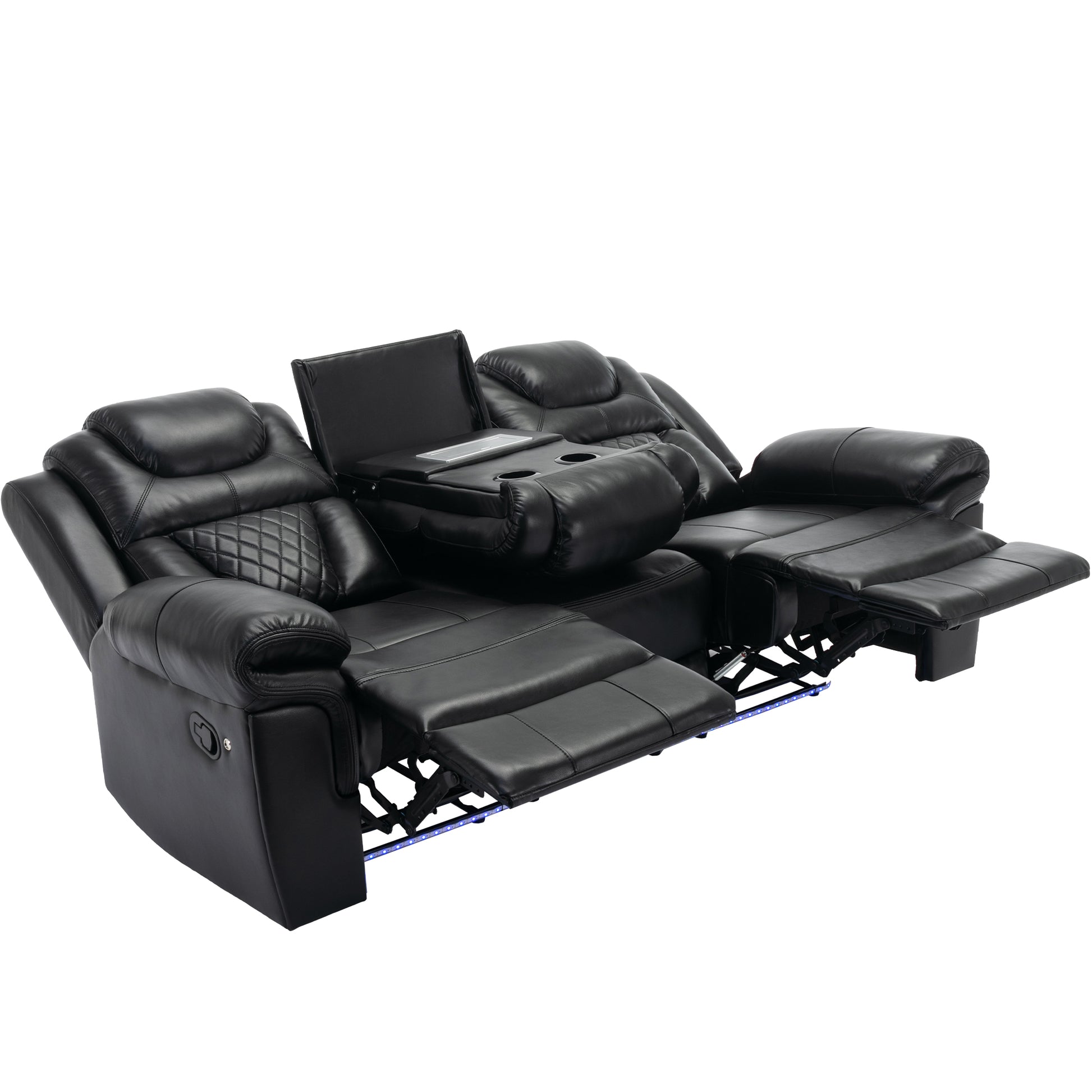 Home Theater Seating Manual Recliner Chair With Center Console And Led Light Strip For Living Room, Black Black Foam Faux Leather