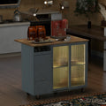 Kitchen Island With Drop Leaf, Led Light Kitchen Cart On Wheels With 2 Fluted Glass Doors And 1 Flip Cabinet Door, Large Kitchen Island Cart With An Adjustable Shelf And 2 Drawers Grey Blue Grey