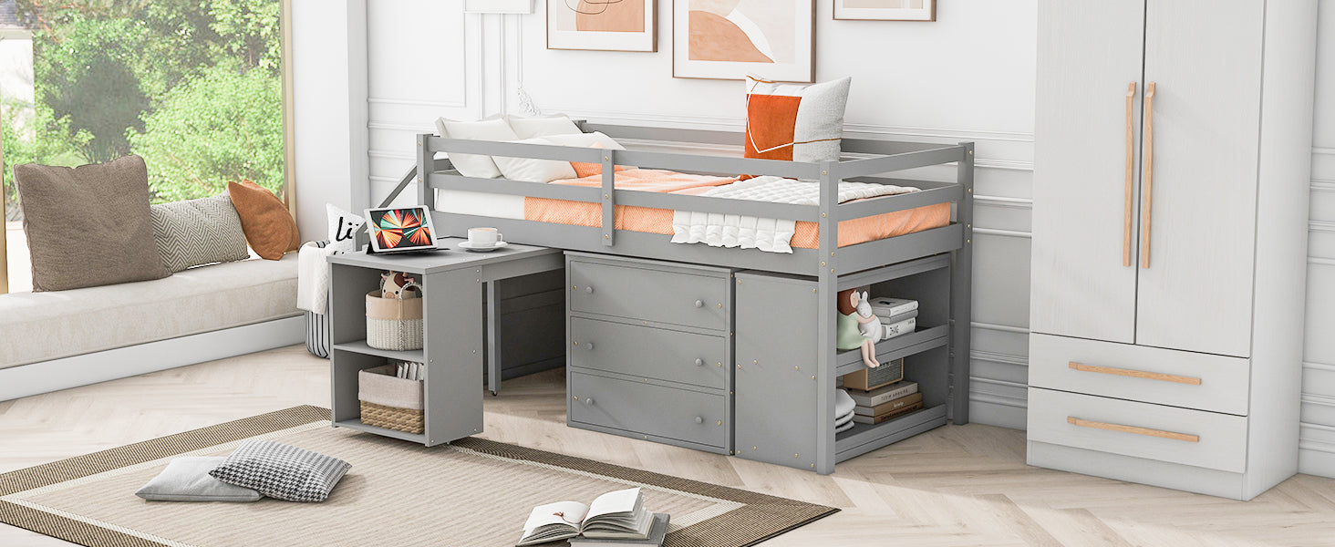 Twin Size Loft Bed With Retractable Writing Desk And 3 Drawers, Wooden Loft Bed With Storage Stairs And Shelves, Gray Gray Solid Wood Mdf