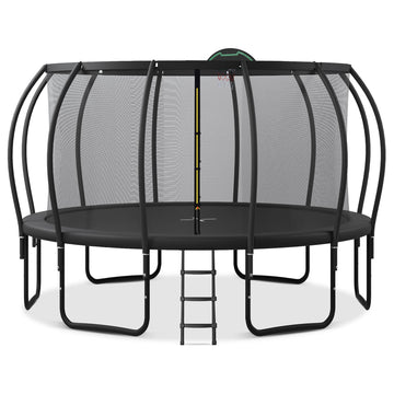 15Ft Trampoline For Kids With Upgraded Arcpole And Composite Toploop For Safety Enclosure, Plus Basketball Board And 12 Ground Stakes, Outdoor Recreational Playset Balance Physical Training Trampoline Black Metal
