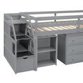 Twin Size Loft Bed With Retractable Writing Desk And 3 Drawers, Wooden Loft Bed With Storage Stairs And Shelves, Gray Gray Solid Wood Mdf