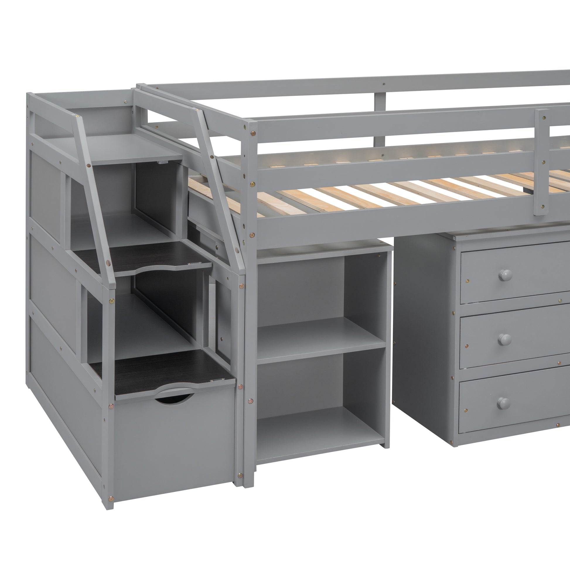 Twin Size Loft Bed With Retractable Writing Desk And 3 Drawers, Wooden Loft Bed With Storage Stairs And Shelves, Gray Gray Solid Wood Mdf