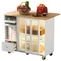 Kitchen Island With Drop Leaf, Led Light Kitchen Cart On Wheels With 2 Fluted Glass Doors And 1 Flip Cabinet Door, Large Kitchen Island Cart With An Adjustable Shelf And 2 Drawers White White