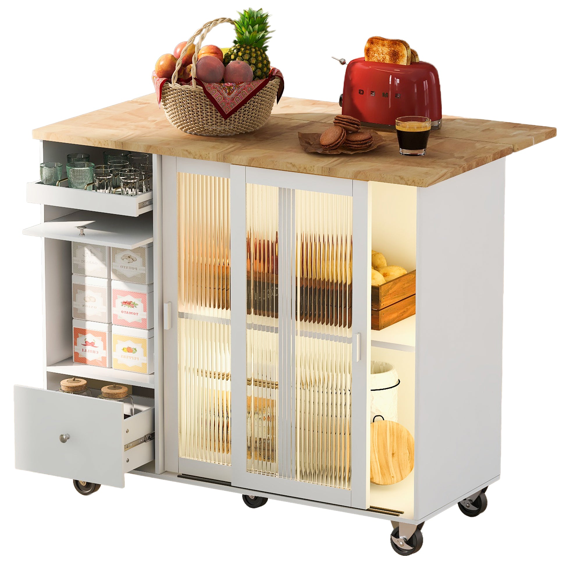 Kitchen Island With Drop Leaf, Led Light Kitchen Cart On Wheels With 2 Fluted Glass Doors And 1 Flip Cabinet Door, Large Kitchen Island Cart With An Adjustable Shelf And 2 Drawers White White