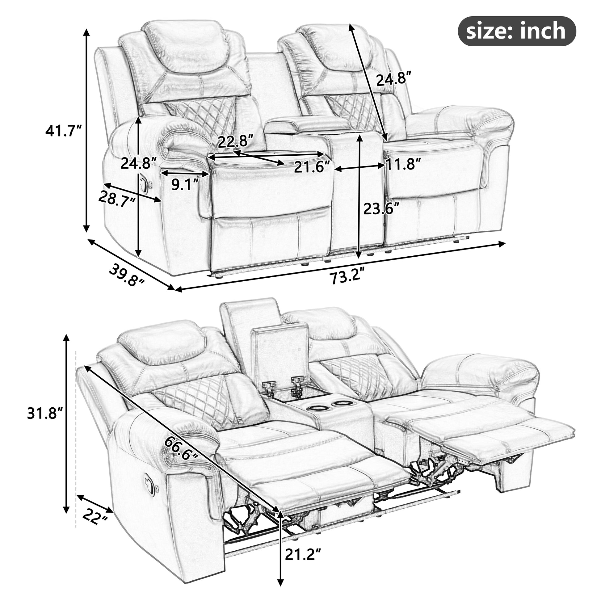 3 Pieces Recliner Sofa Sets Home Theater Seating Manual Recliner Chair With Center Console And Led Light Strip For Living Room, Brown Brown Foam Faux Leather