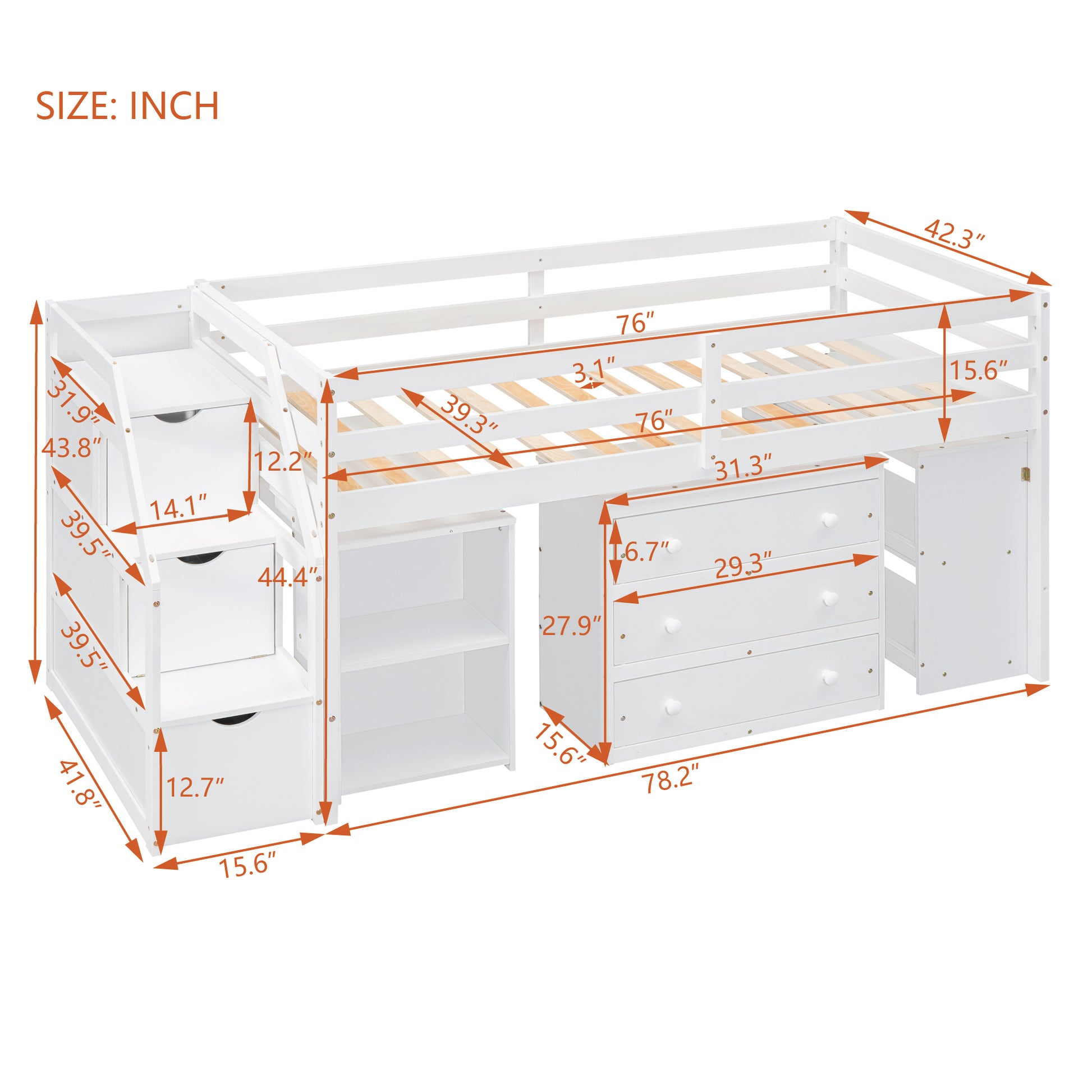 Twin Size Loft Bed With Retractable Writing Desk And 3 Drawers, Wooden Loft Bed With Storage Stairs And Shelves, White White Solid Wood Mdf