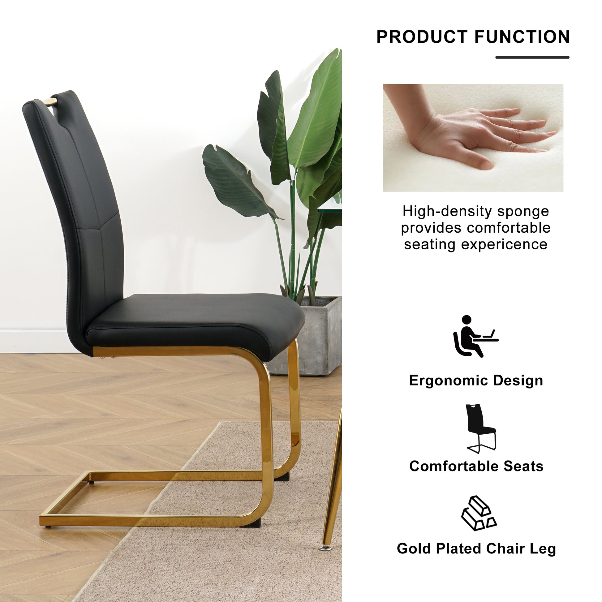 Modern Style Glass Dining Table, Elegant Transparent Design, Solid Support Base, Black Dining Chair Set, Gold Plated Chair Legs, Suitable For Restaurant Kitchen Use Set Of 5 Black Gold Seats 4 Mdf Glass