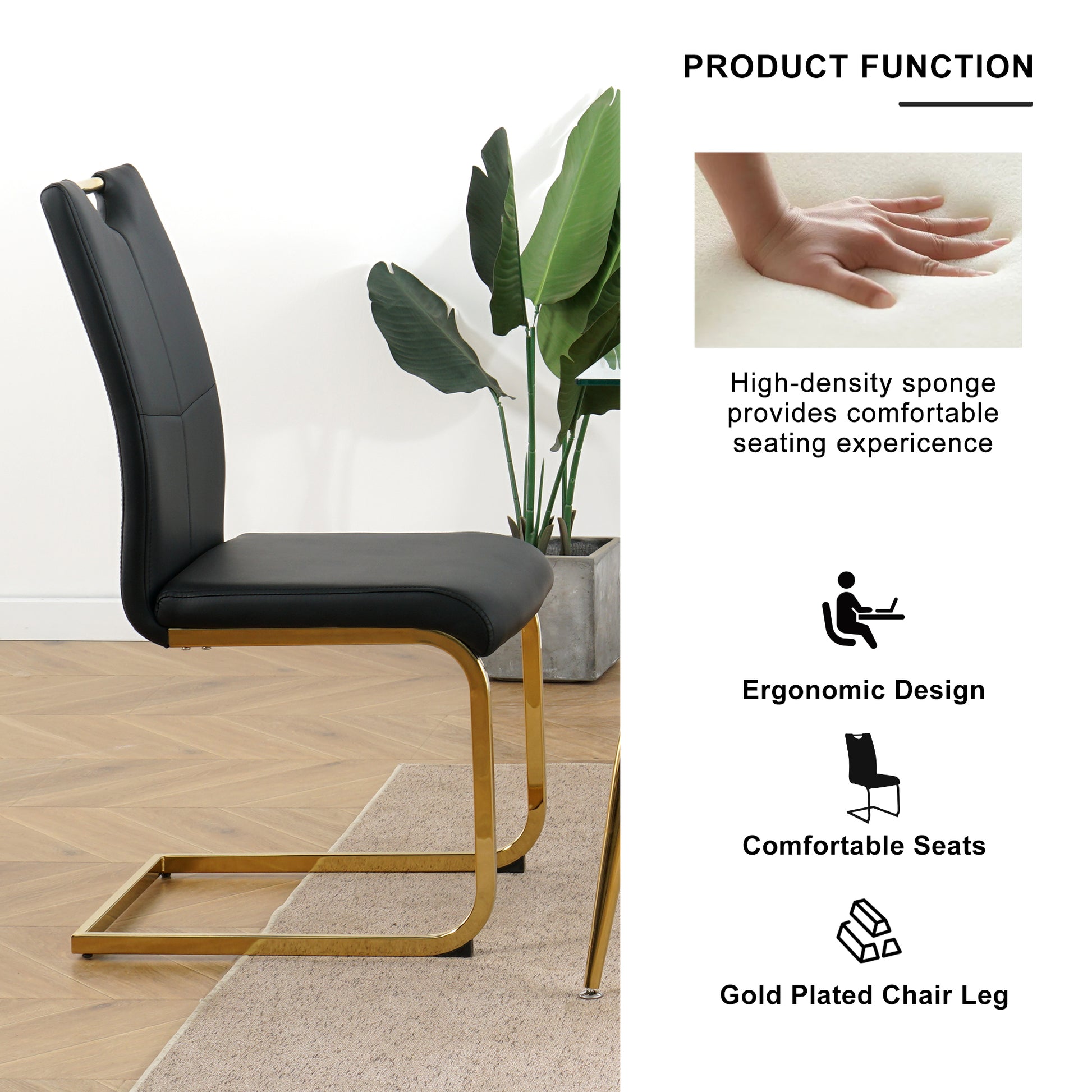 Modern Simple Rectangular Glass Dining Table, Wear Resistant Tempered Glass Countertop, Gold Plated Legs, Black Pu Dining Chair Set, Suitable For Restaurant Kitchen Use Set Of 7 Upholstered Chair