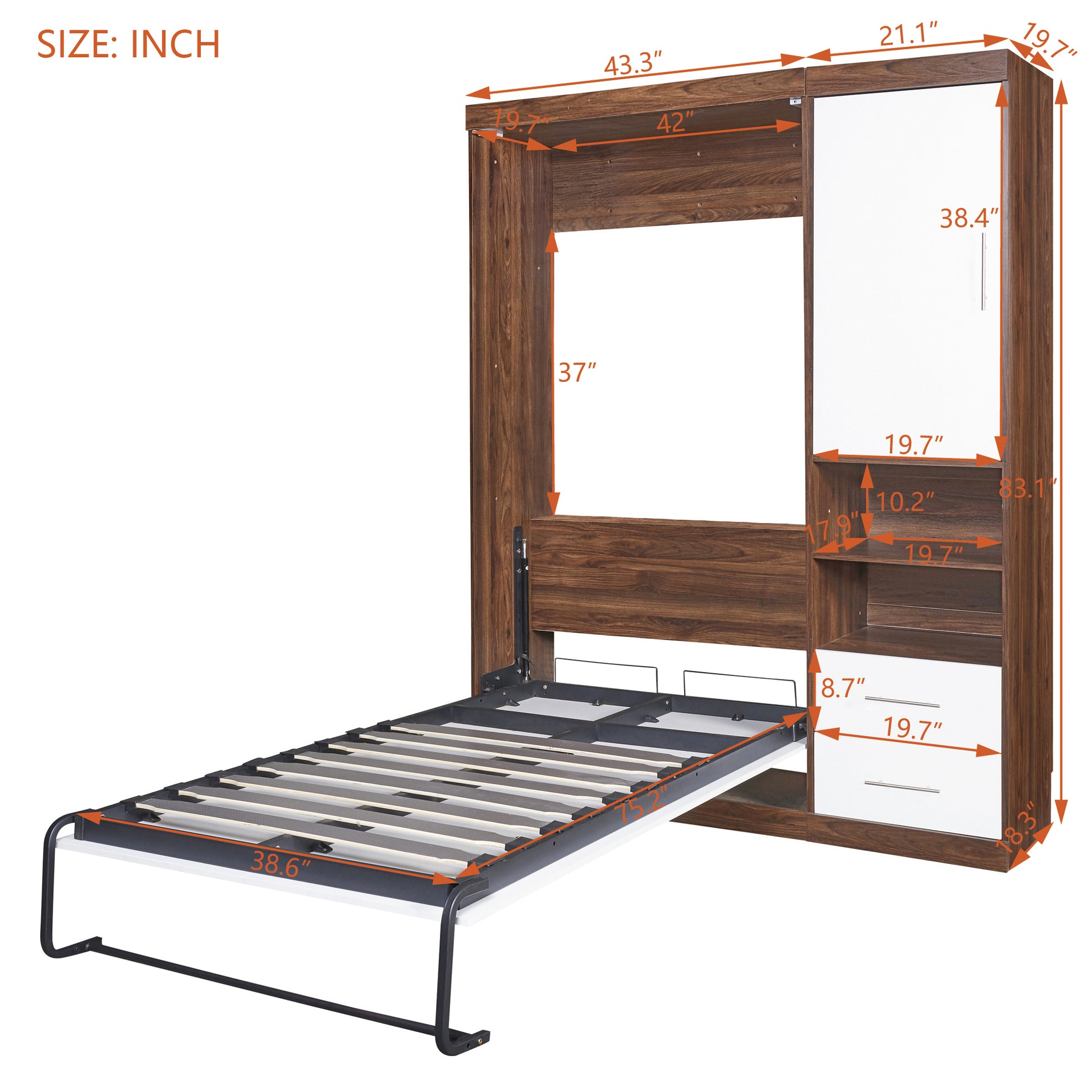 Twin Size Murphy Bed Wall Bed With Cabinet,White Twin White Solid Wood Mdf