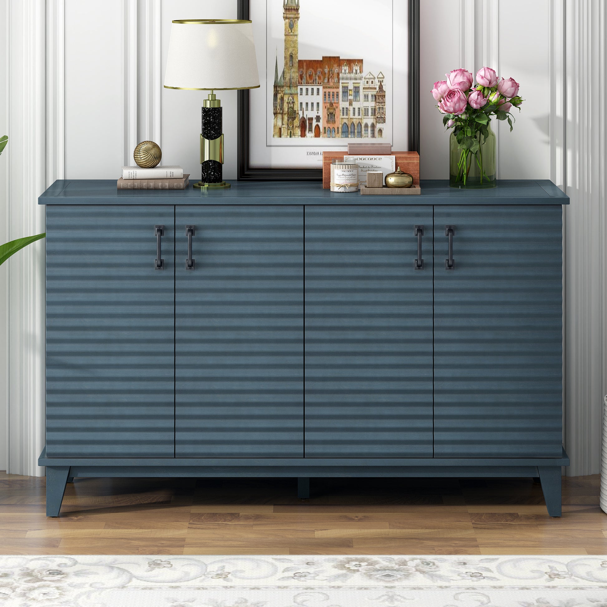 Sideboard With 4 Door Large Storage Buffet With Adjustable Shelves And Metal Handles For Kitchen, Living Room, Dining Room Navy Navy Mdf