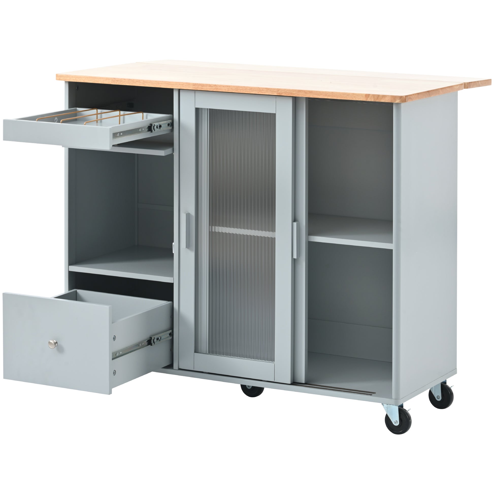 Kitchen Island With Drop Leaf, Led Light Kitchen Cart On Wheels With 2 Fluted Glass Doors And 1 Flip Cabinet Door, Large Kitchen Island Cart With An Adjustable Shelf And 2 Drawers Grey Blue Grey