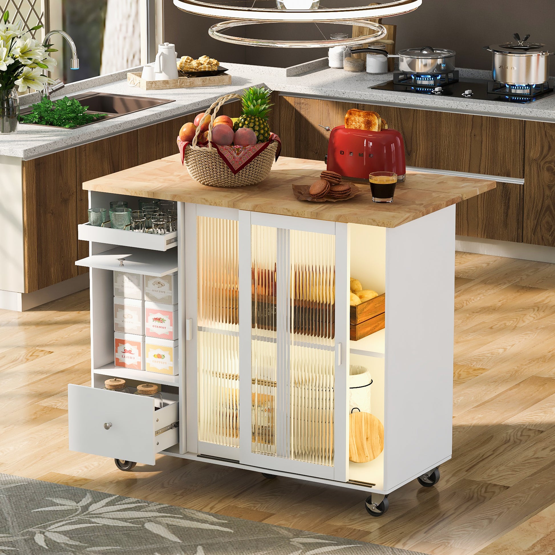 Kitchen Island With Drop Leaf, Led Light Kitchen Cart On Wheels With 2 Fluted Glass Doors And 1 Flip Cabinet Door, Large Kitchen Island Cart With An Adjustable Shelf And 2 Drawers White White