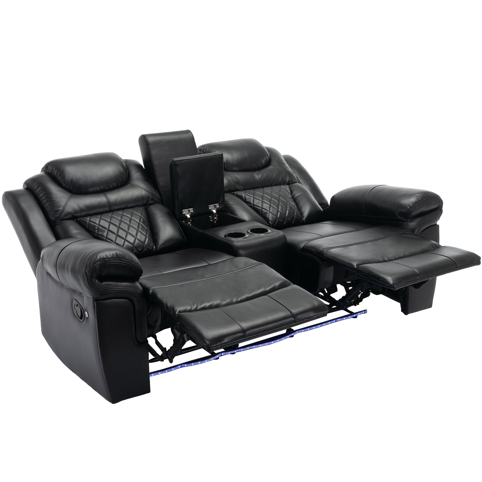 Home Theater Seating Manual Recliner Loveseat With Hide Away Storage, Cup Holders And Led Light Strip For Living Room, Black Black Foam Faux Leather