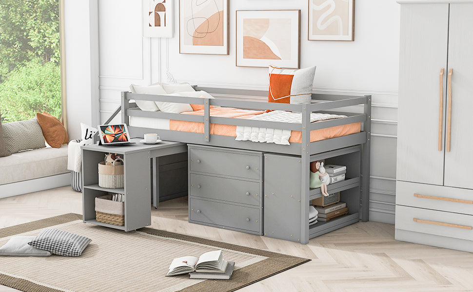 Twin Size Loft Bed With Retractable Writing Desk And 3 Drawers, Wooden Loft Bed With Storage Stairs And Shelves, Gray Gray Solid Wood Mdf