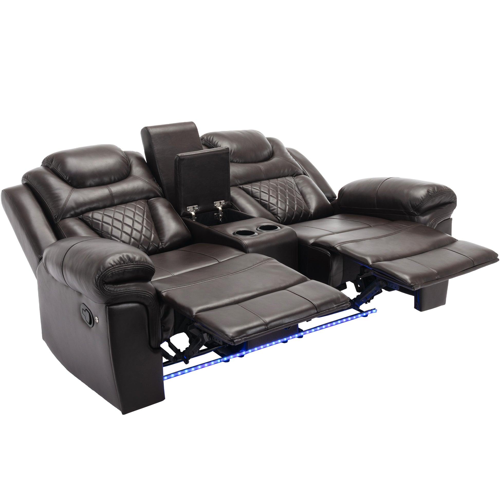 Home Theater Seating Manual Recliner Loveseat With Hide Away Storage, Cup Holders And Led Light Strip For Living Room, Brown Brown Foam Faux Leather