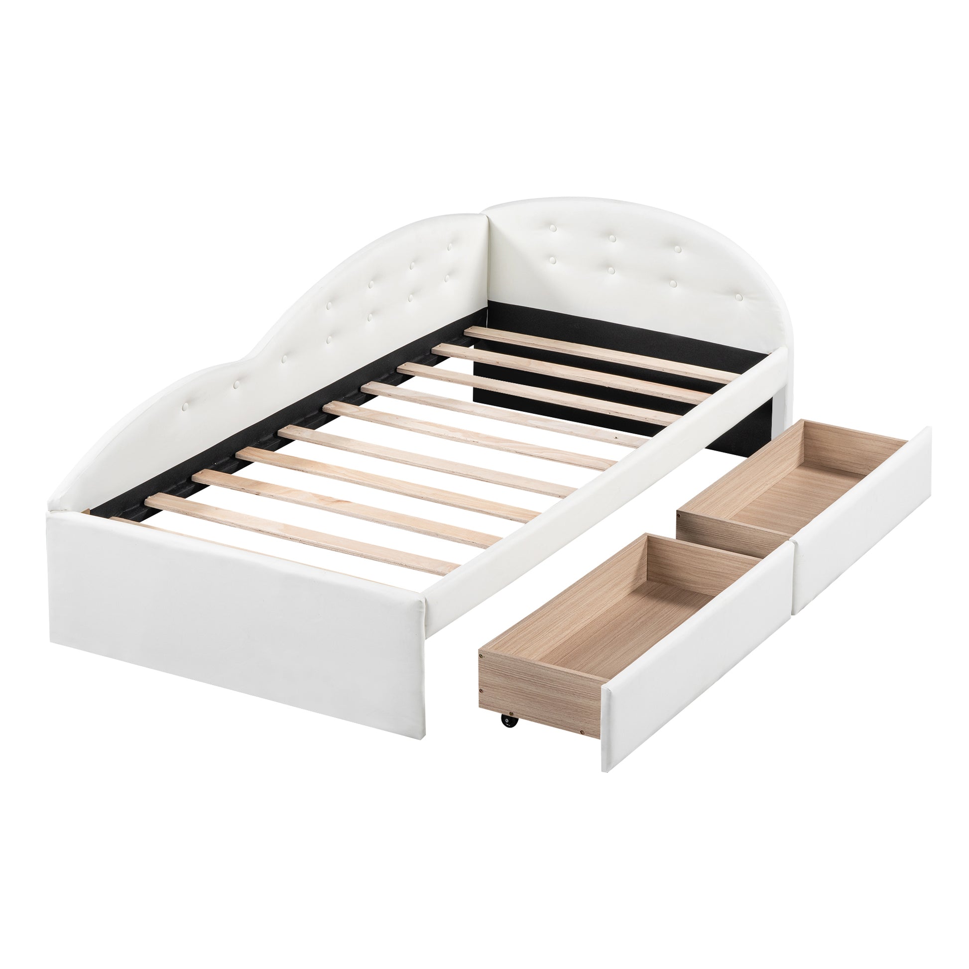 Twin Size Pu Upholstered Tufted Daybed With Two Drawers And Cloud Shaped Guardrail, White Box Spring Not Required Twin White Wood Daybeds Faux Leather Upholstered