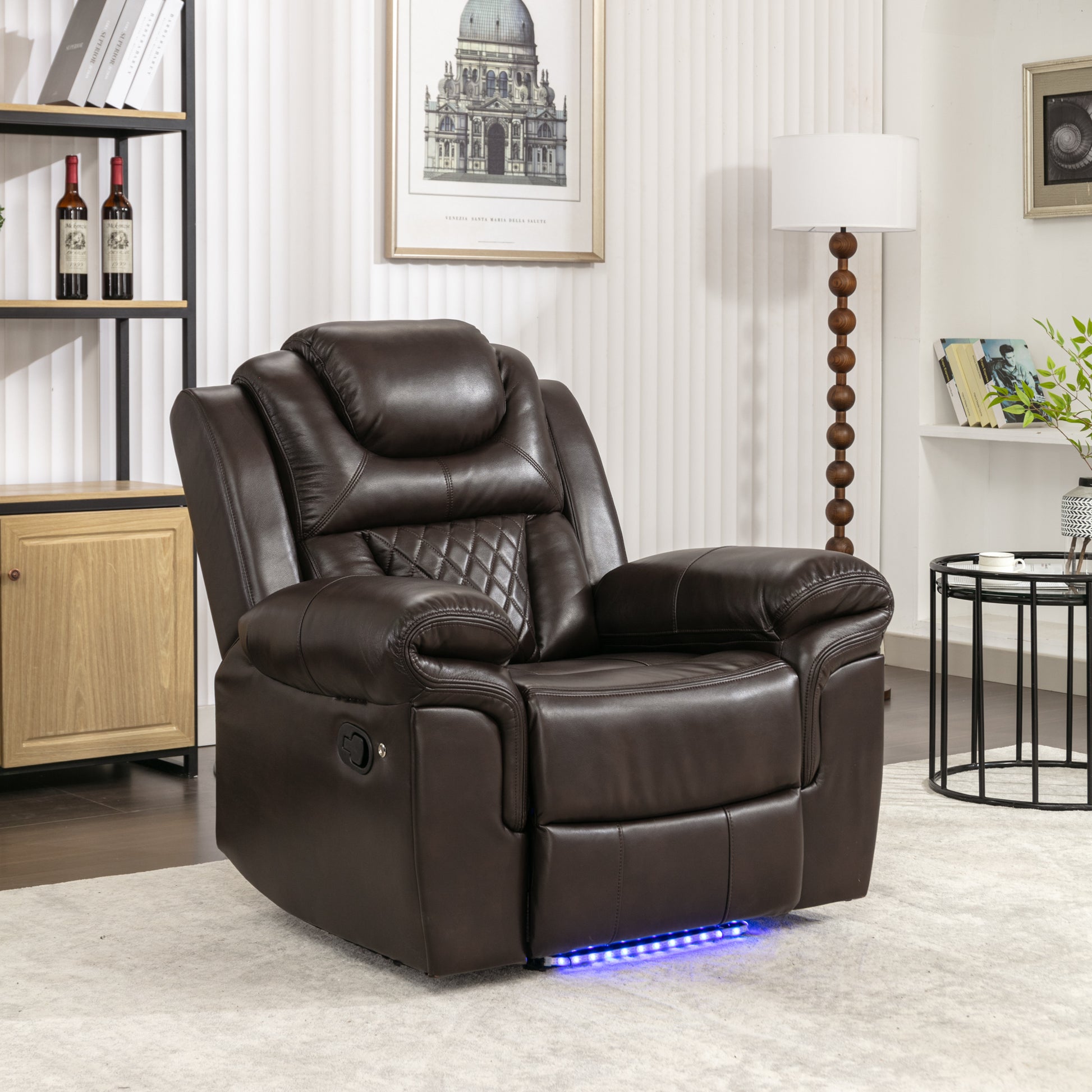 3 Pieces Recliner Sofa Sets Home Theater Seating Manual Recliner Chair With Center Console And Led Light Strip For Living Room, Brown Brown Foam Faux Leather