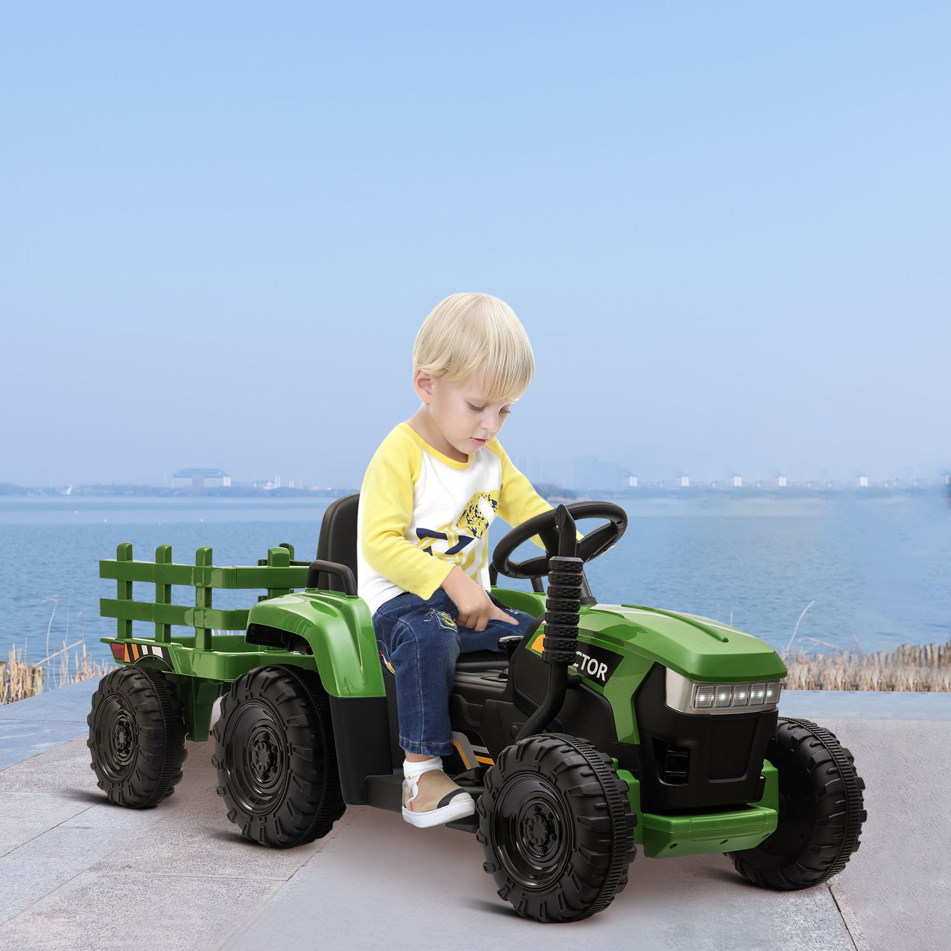 12V Kids Ride On Tractor With Trailer, Battery Powered Electric Car W Music, Usb, Music, Led Lights, Vehicle Toy For 3 To 6 Ages, Dark Green Blackish Green Polypropylene