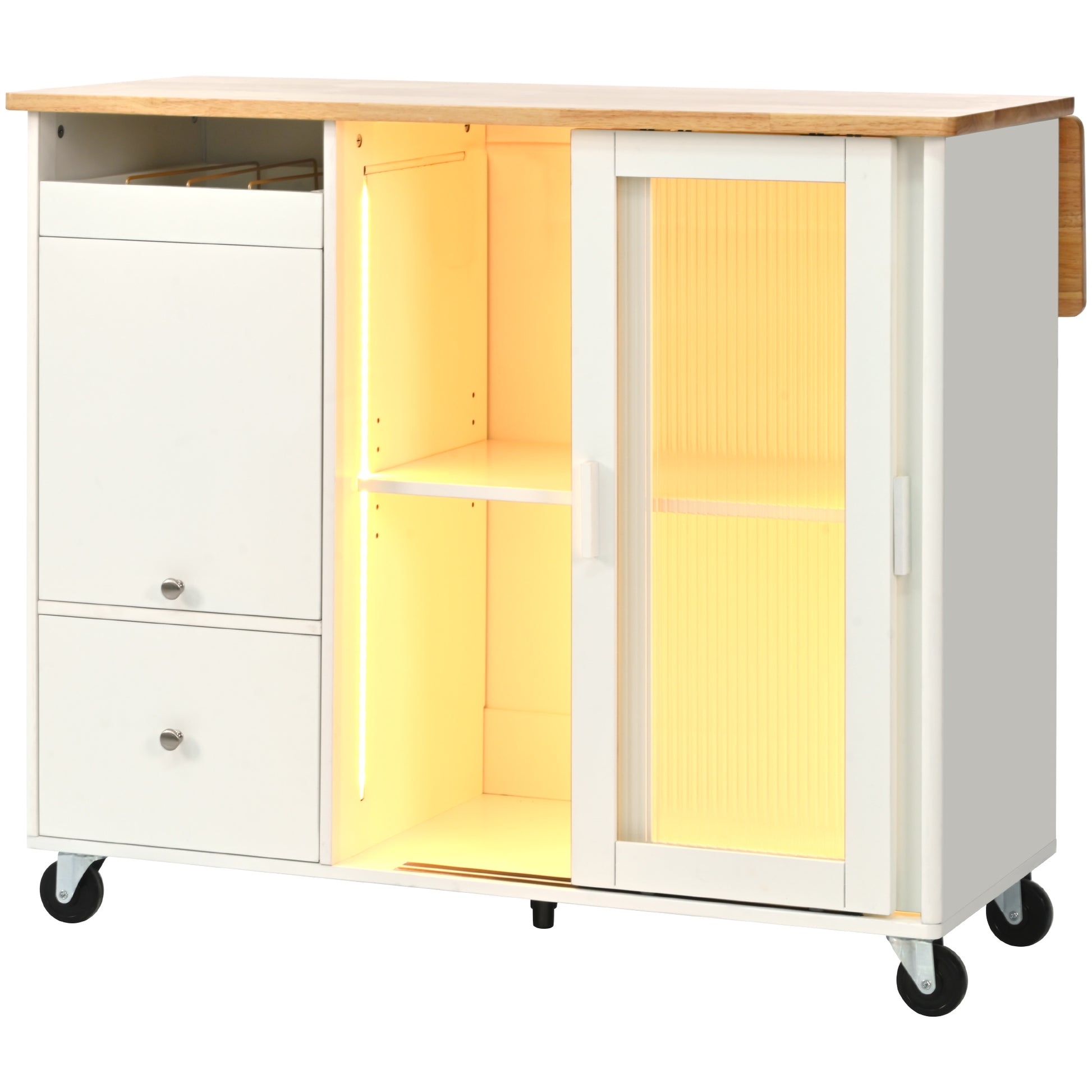 Kitchen Island With Drop Leaf, Led Light Kitchen Cart On Wheels With 2 Fluted Glass Doors And 1 Flip Cabinet Door, Large Kitchen Island Cart With An Adjustable Shelf And 2 Drawers White White