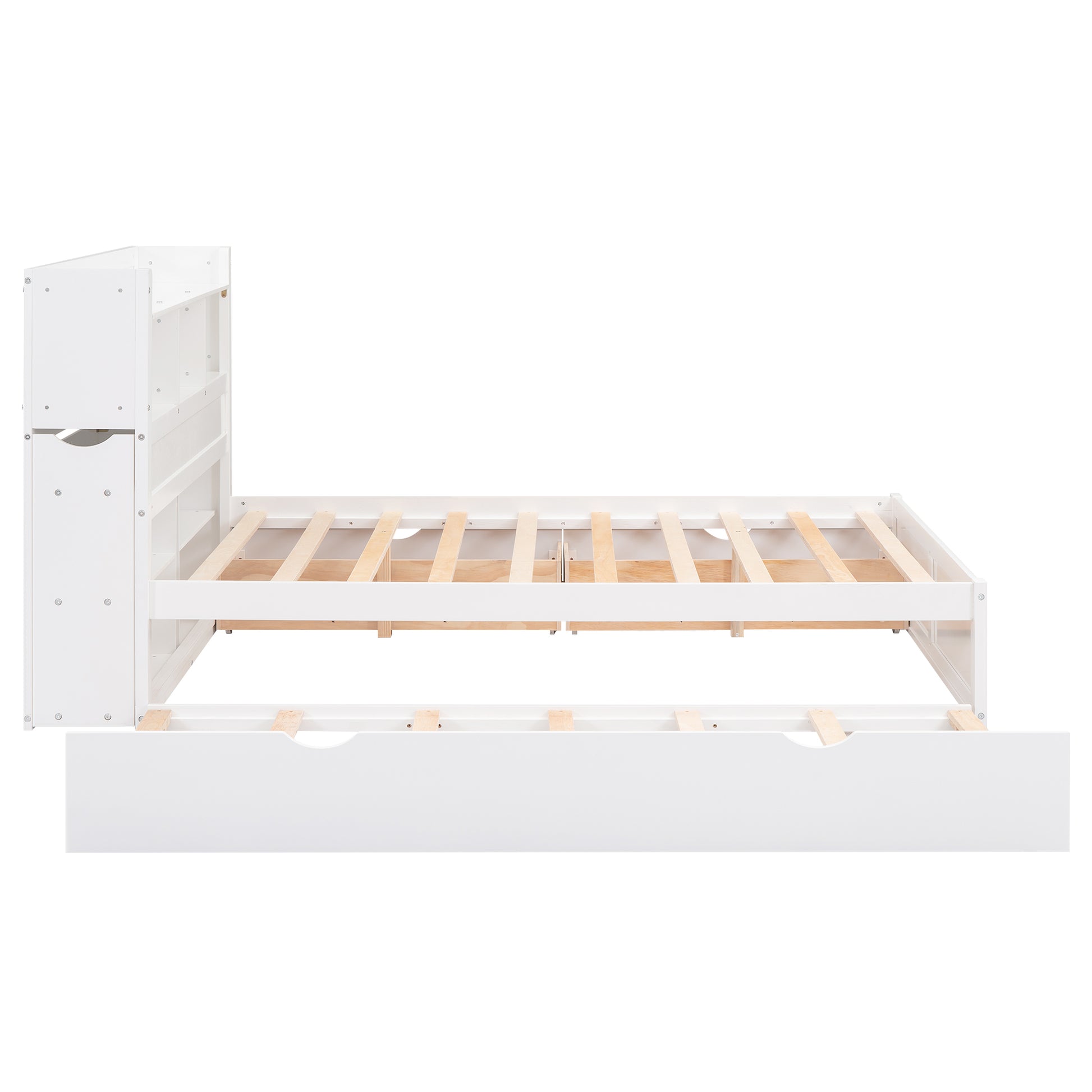 Full Size Storage Platform Bed With Pull Out Shelves, Twin Size Trundle And 2 Drawers, White Box Spring Not Required Full White Wood Bedroom Bed Frame Solid Wood Mdf