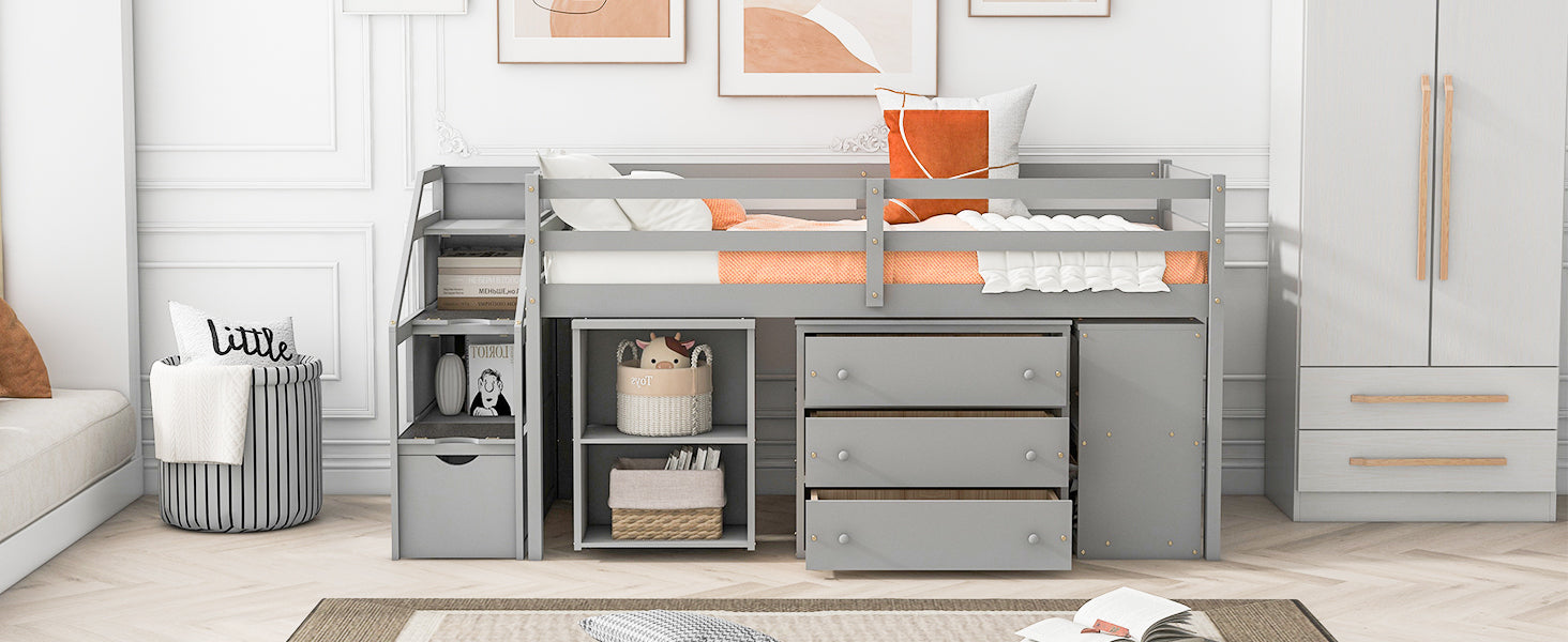 Twin Size Loft Bed With Retractable Writing Desk And 3 Drawers, Wooden Loft Bed With Storage Stairs And Shelves, Gray Gray Solid Wood Mdf