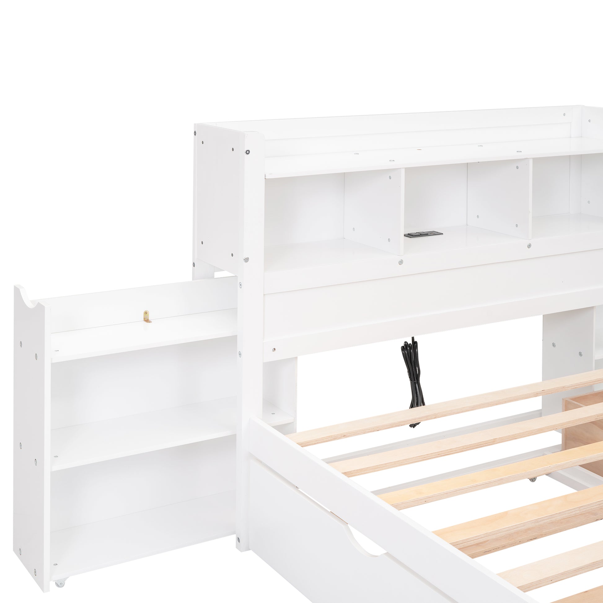 Full Size Storage Platform Bed With Pull Out Shelves, Twin Size Trundle And 2 Drawers, White Box Spring Not Required Full White Wood Bedroom Bed Frame Solid Wood Mdf