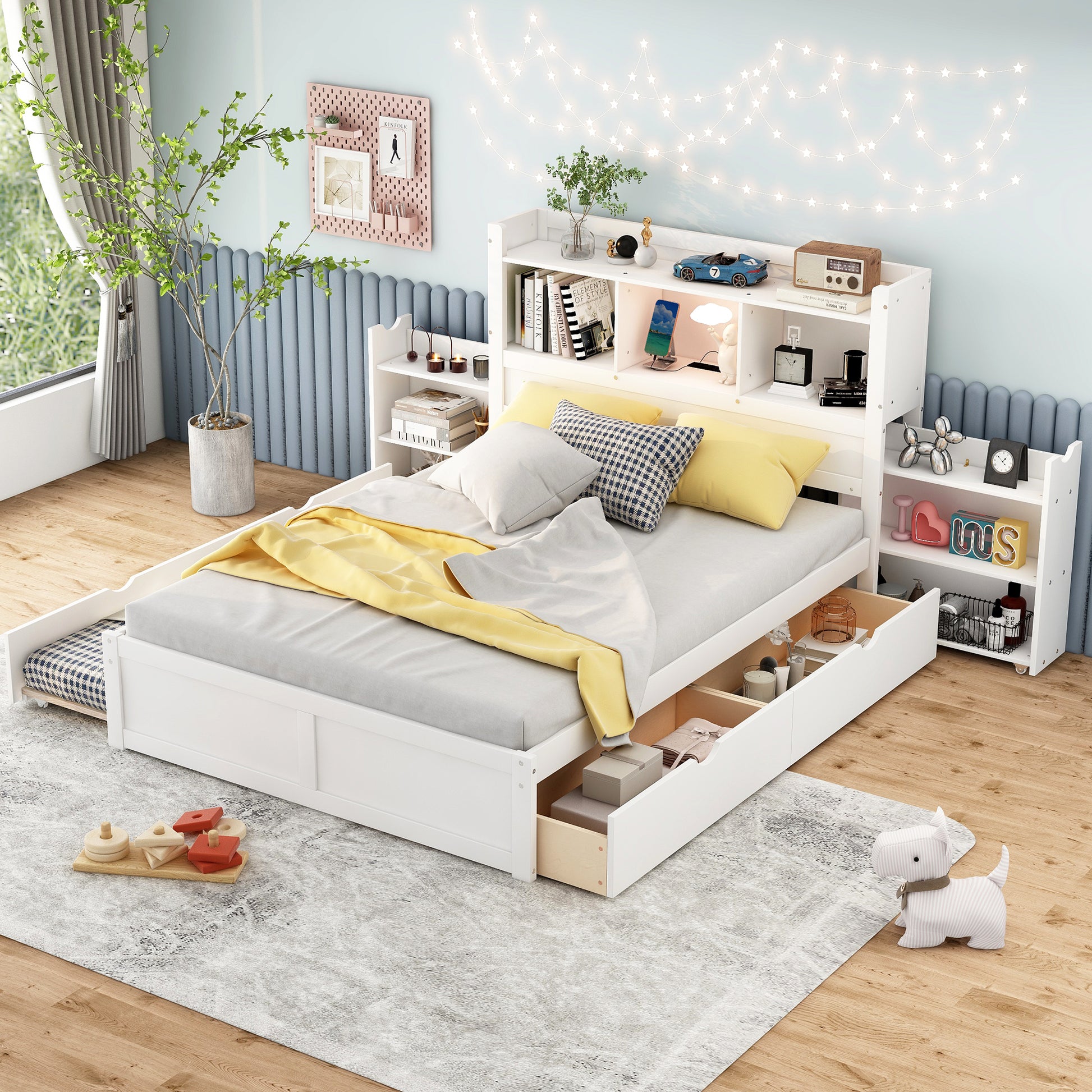 Full Size Storage Platform Bed With Pull Out Shelves, Twin Size Trundle And 2 Drawers, White Box Spring Not Required Full White Wood Bedroom Bed Frame Solid Wood Mdf