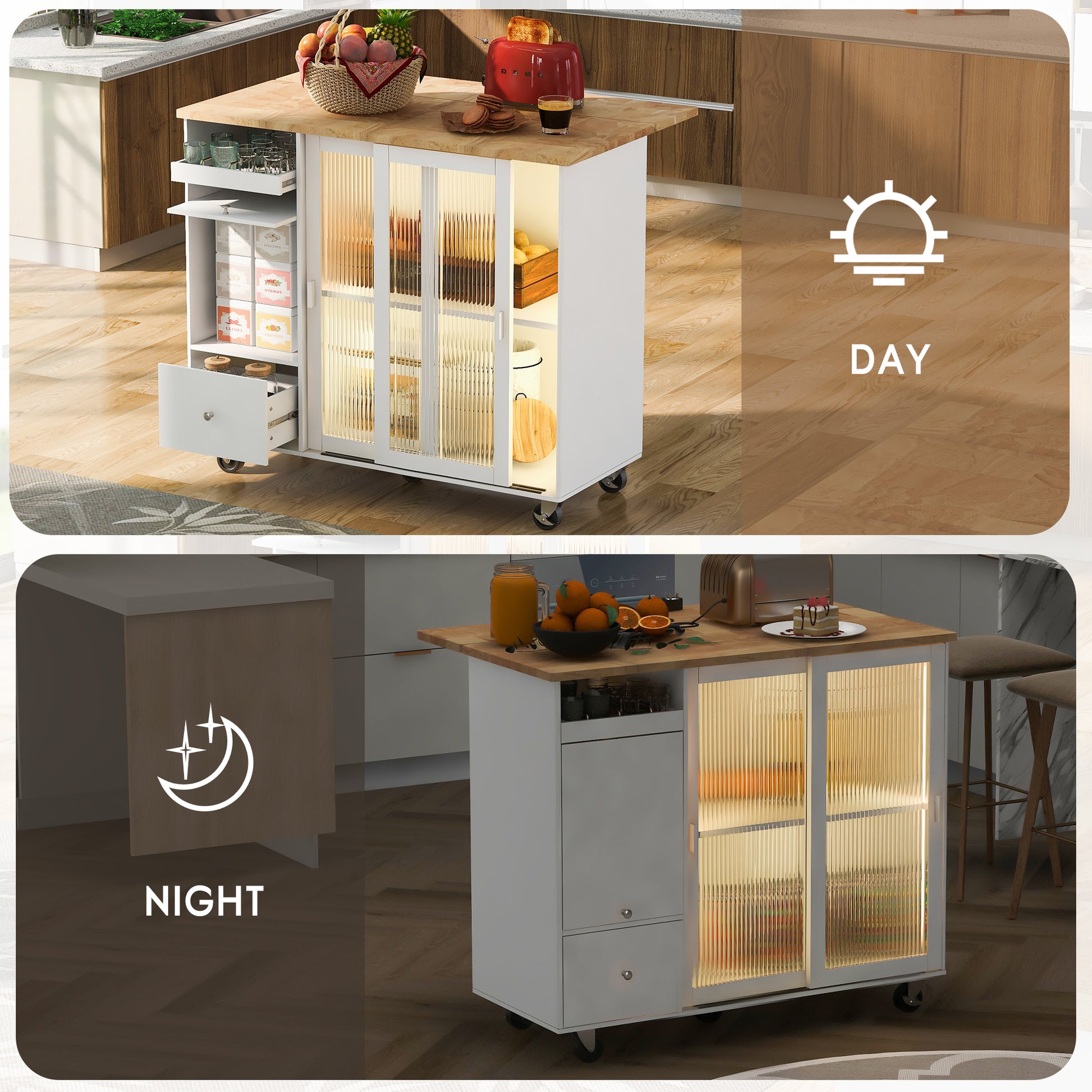 Kitchen Island With Drop Leaf, Led Light Kitchen Cart On Wheels With 2 Fluted Glass Doors And 1 Flip Cabinet Door, Large Kitchen Island Cart With An Adjustable Shelf And 2 Drawers White White